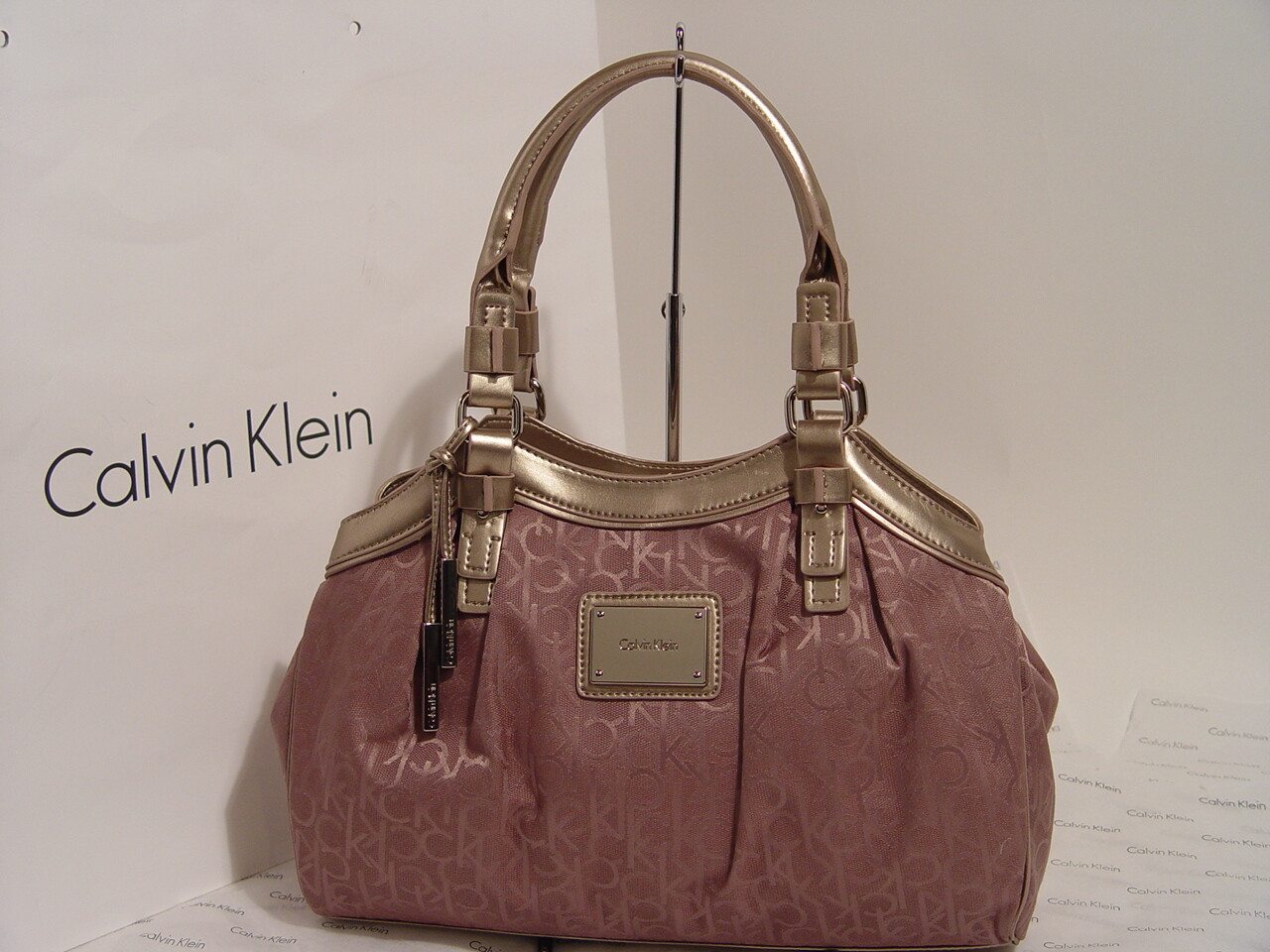 Calvin Klein Logo Jacquard Mauve Pink Metallic Gold Handbag Purse Satchel Bag