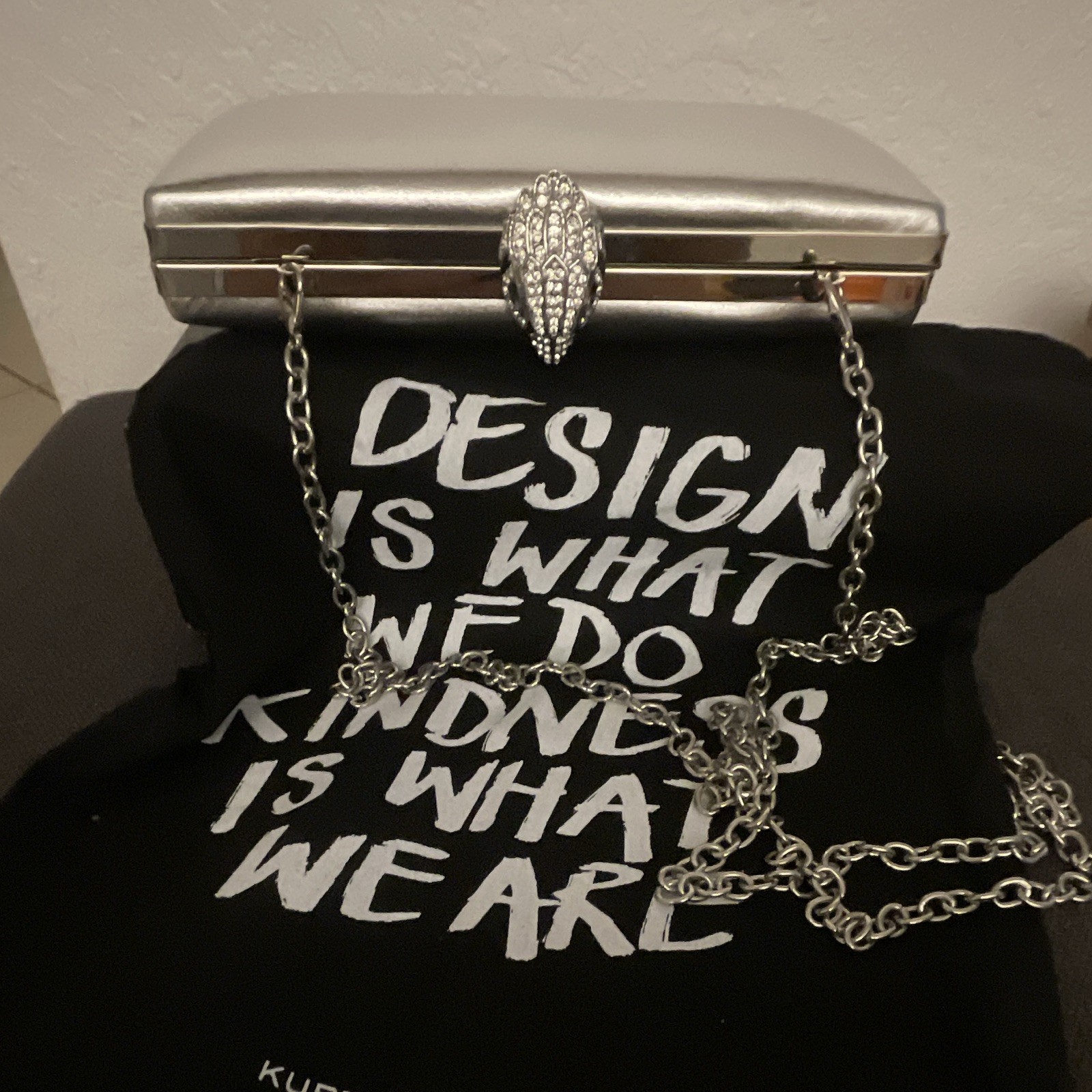 Kurt Geiger Silver Metallic Clutch w/ Crystal Clasp & Chain Strap Formal