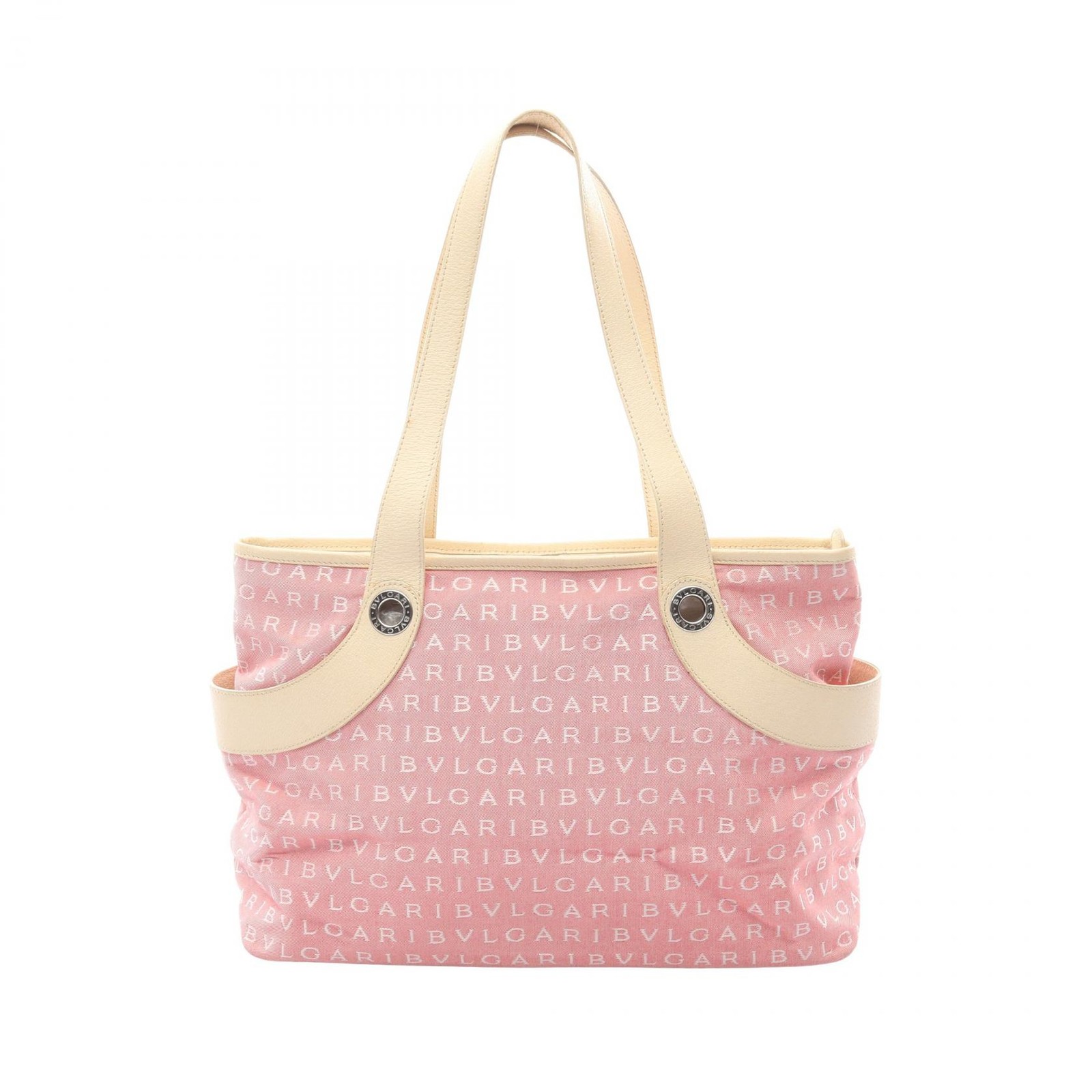 BVLGARI Logo mania Shoulder Tote Bag canvas leather Pink Beige Used Women