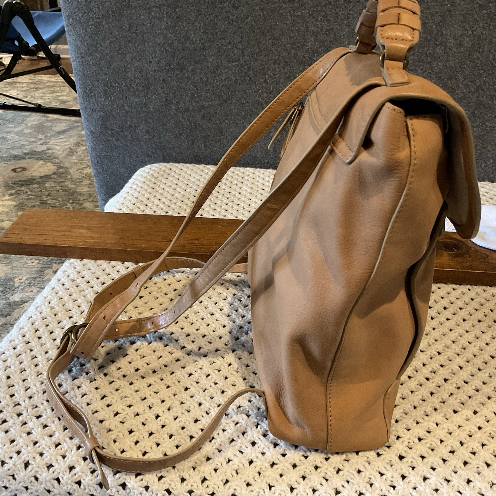 Lucky Brand Genuine Leather Backpack Purse Bag Camel Brown EUC