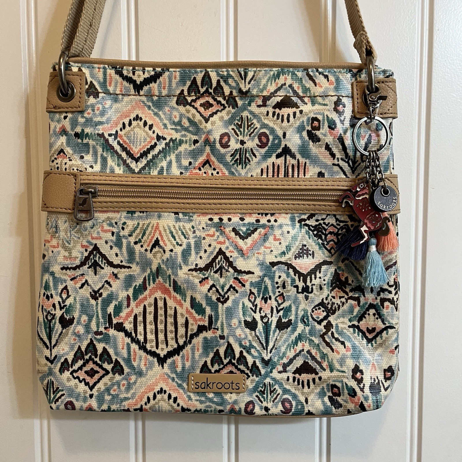 Sakroots Blue Tan Art Crossbody Bag Water Resistant Coated Canvas Bag Charm 11”