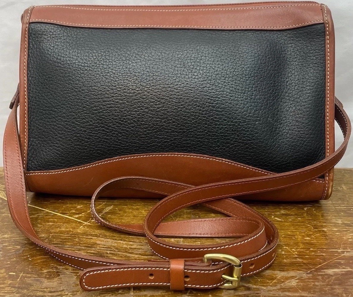 Vintage Lands End Made in USA Black Brown Pebbled Leather Crossbody Bag 90s