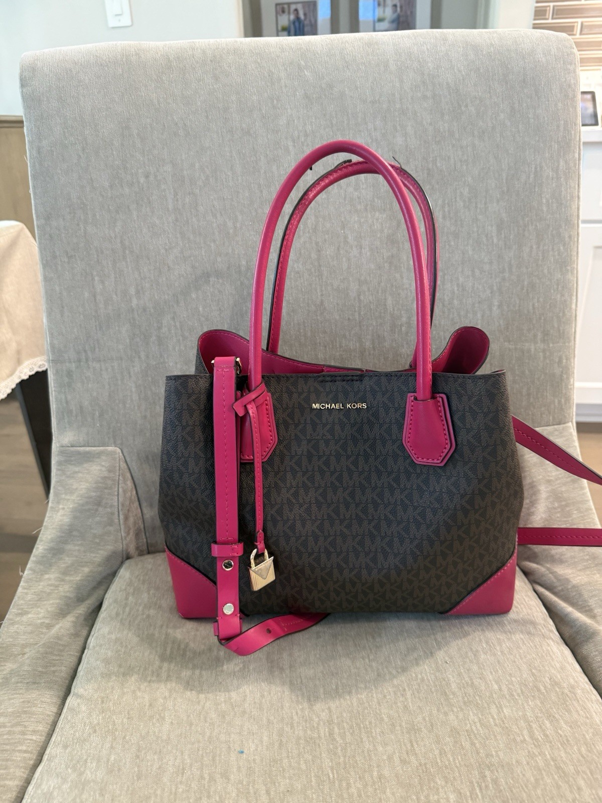 Michael Kors Monogram Medium Satchel Zip, Detachable Strap, Brown/Pink
