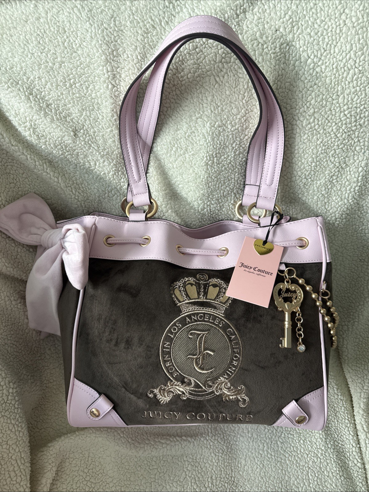 New Juicy Couture Velour Daydreamer Tote Bag Purse Brown Pink Key Charm