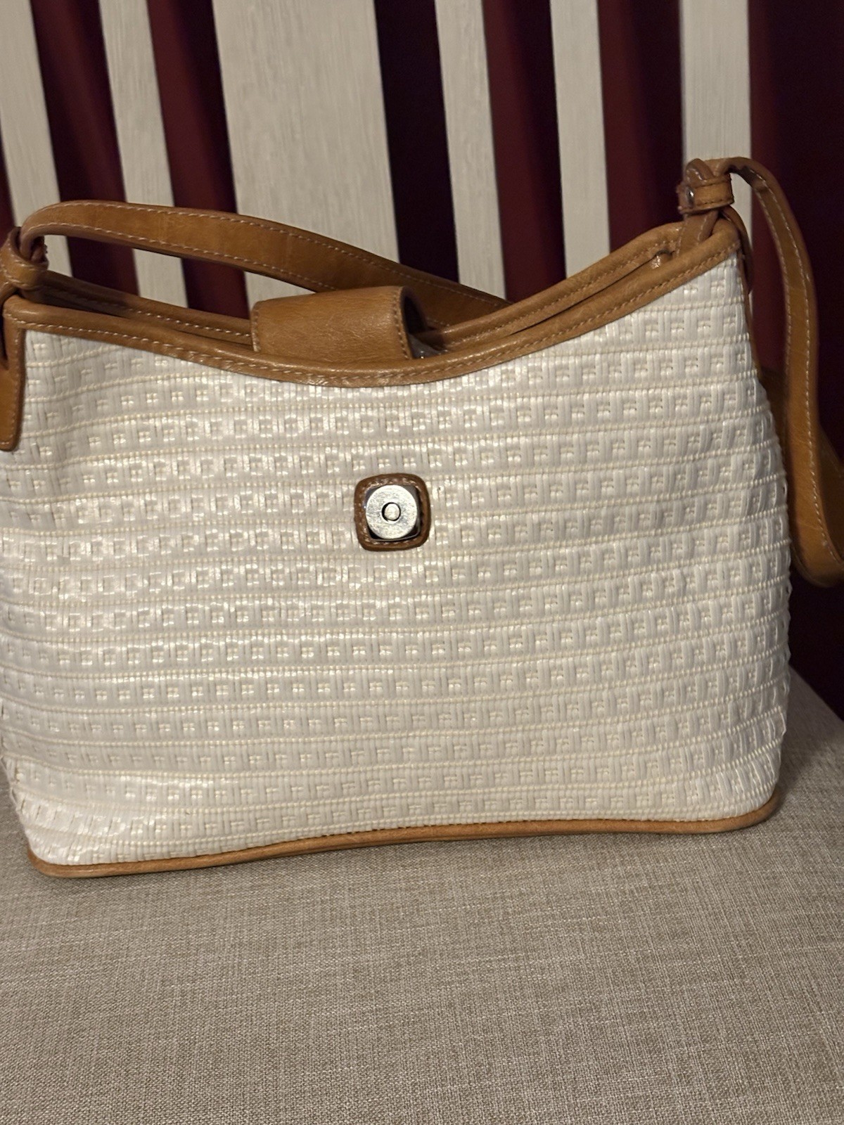 Women’s Beige Brown Woven Shoulder Bag Trapezoid Buckle Accent Silver Hardware
