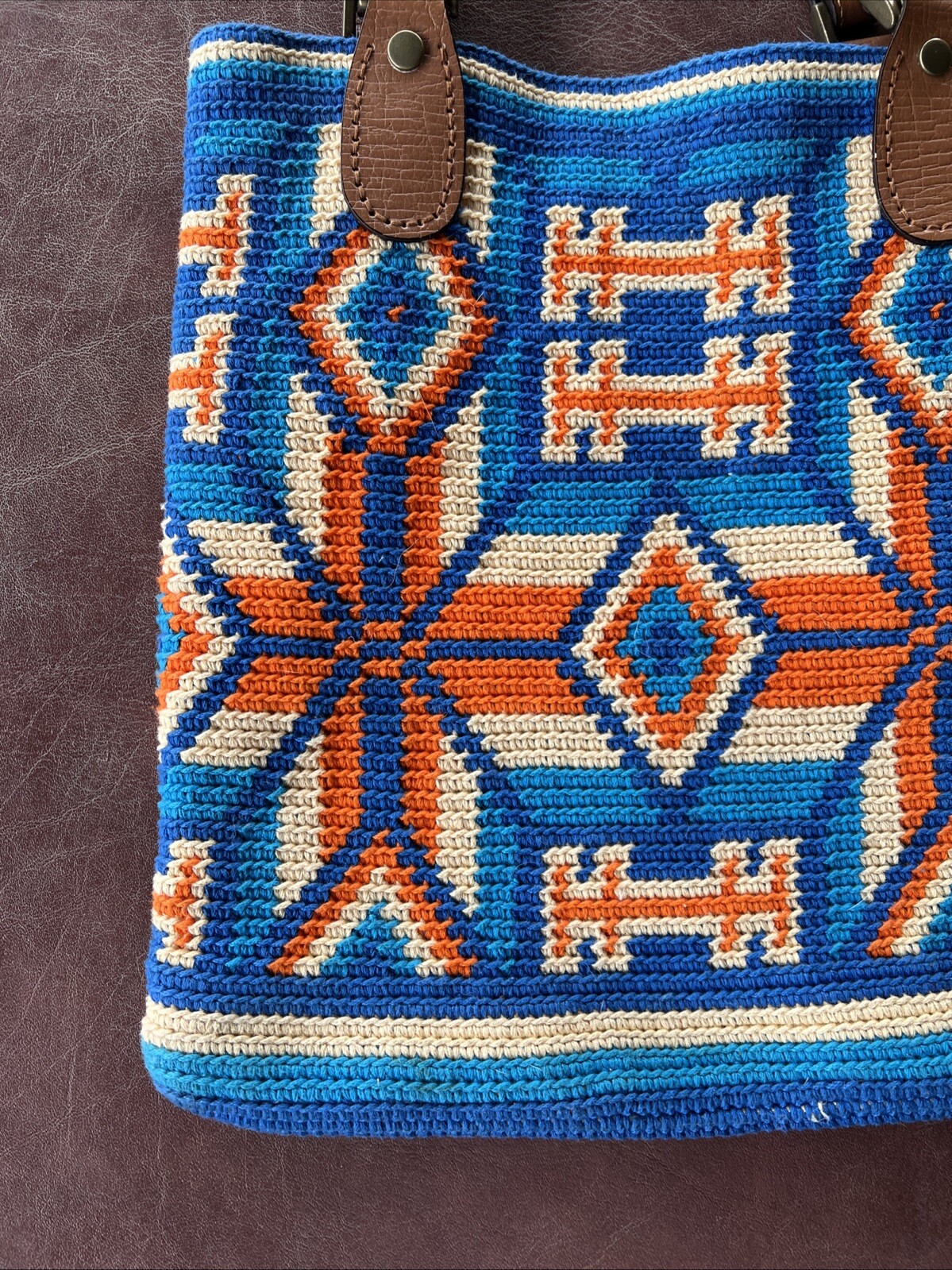 Tapestry Crochet Mochilla Bag Cotton Leather Handles Unlined