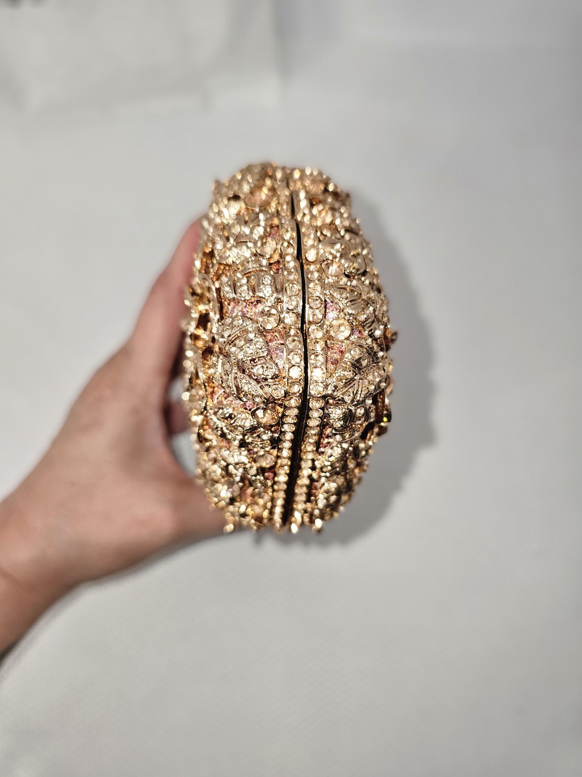 Boutique De FGG Rose Gold Rhinestone Floral Clutch Minaudiere w/ 2 Chain Straps