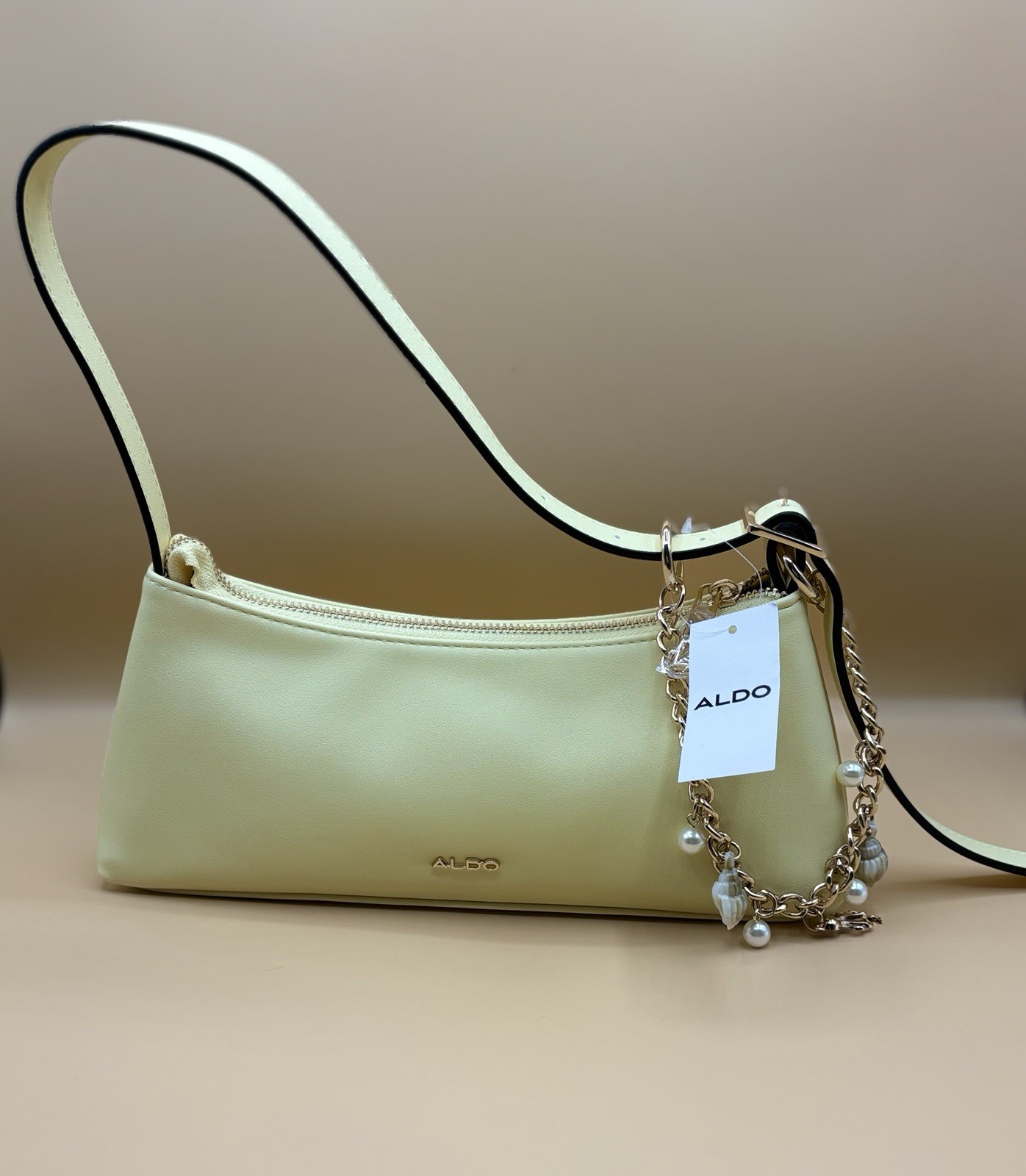 ALDO Cream Small Rectangle Shoulder Bag Pearl Chain Charm Gold Hardware Zip
