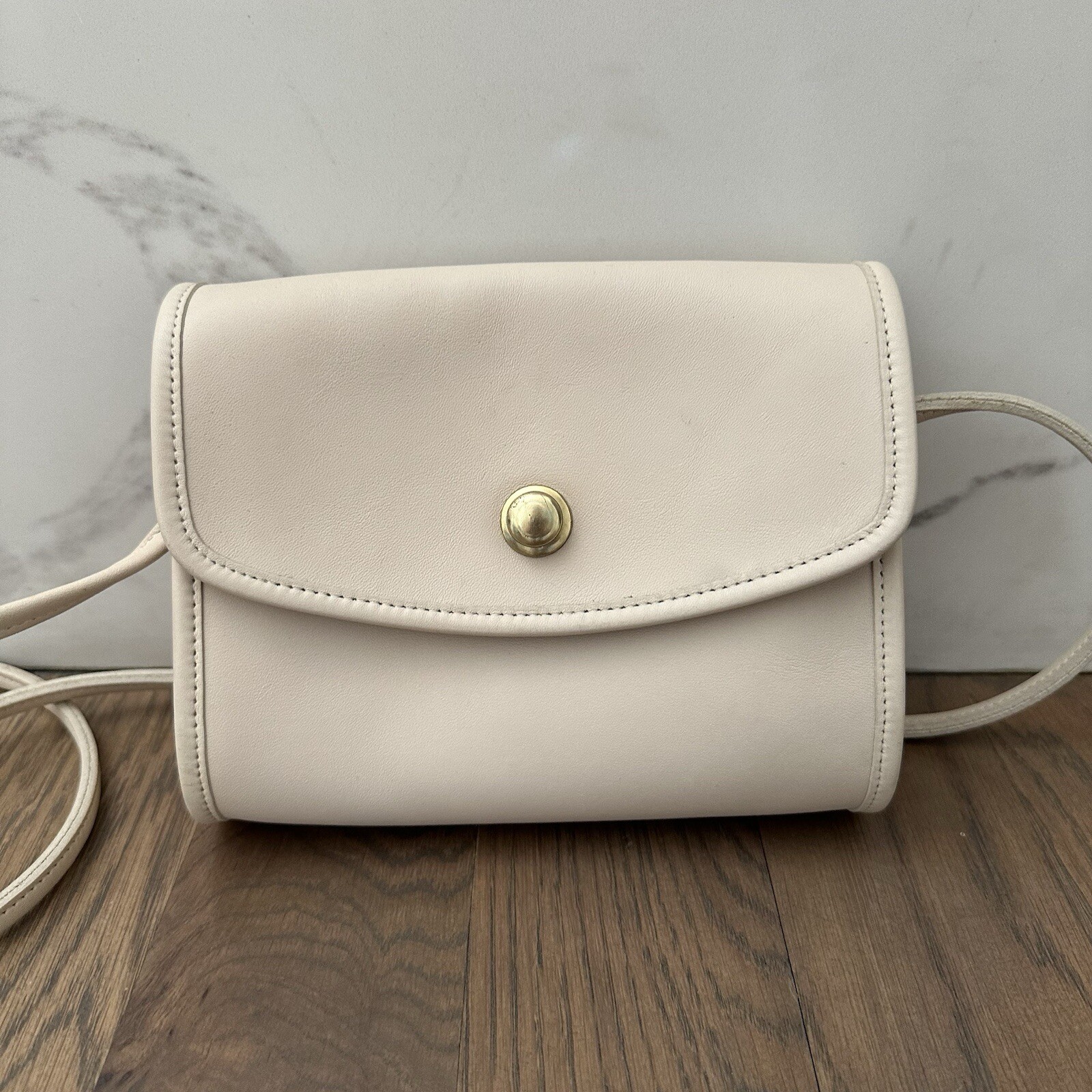 Vintage Coach Chrystie Crossbody 90s Small Handbag in Cream and Brass