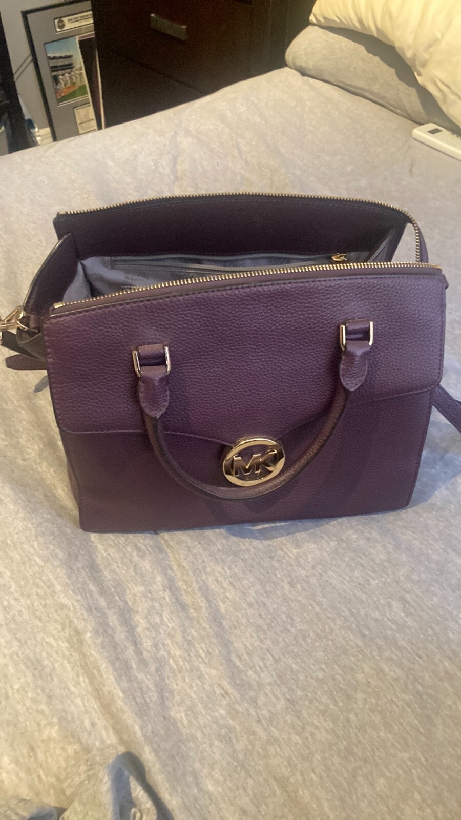MICHAEL KORS eggplant handbag with strap (9”h x 11”w, 5” bottom) gently used
