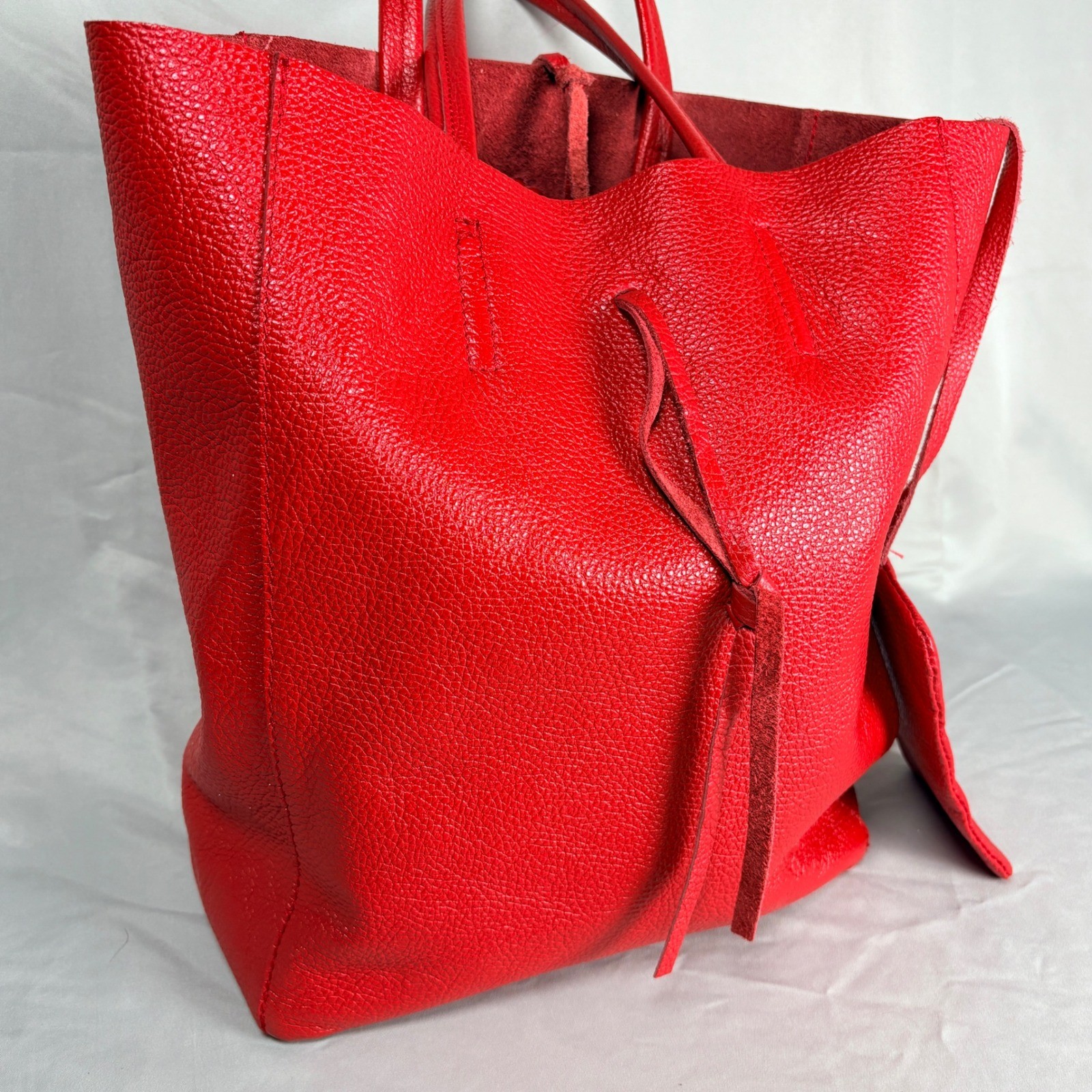 Vera Pelle Red Pebbled Leather Tote Bag Made in Italy Shopper w/ Pouch Boho