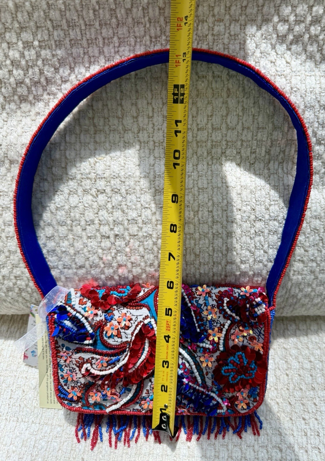 Handmade India Red White Blue Beaded Fringe Paisley Shoulder Bag Patriotic NWT