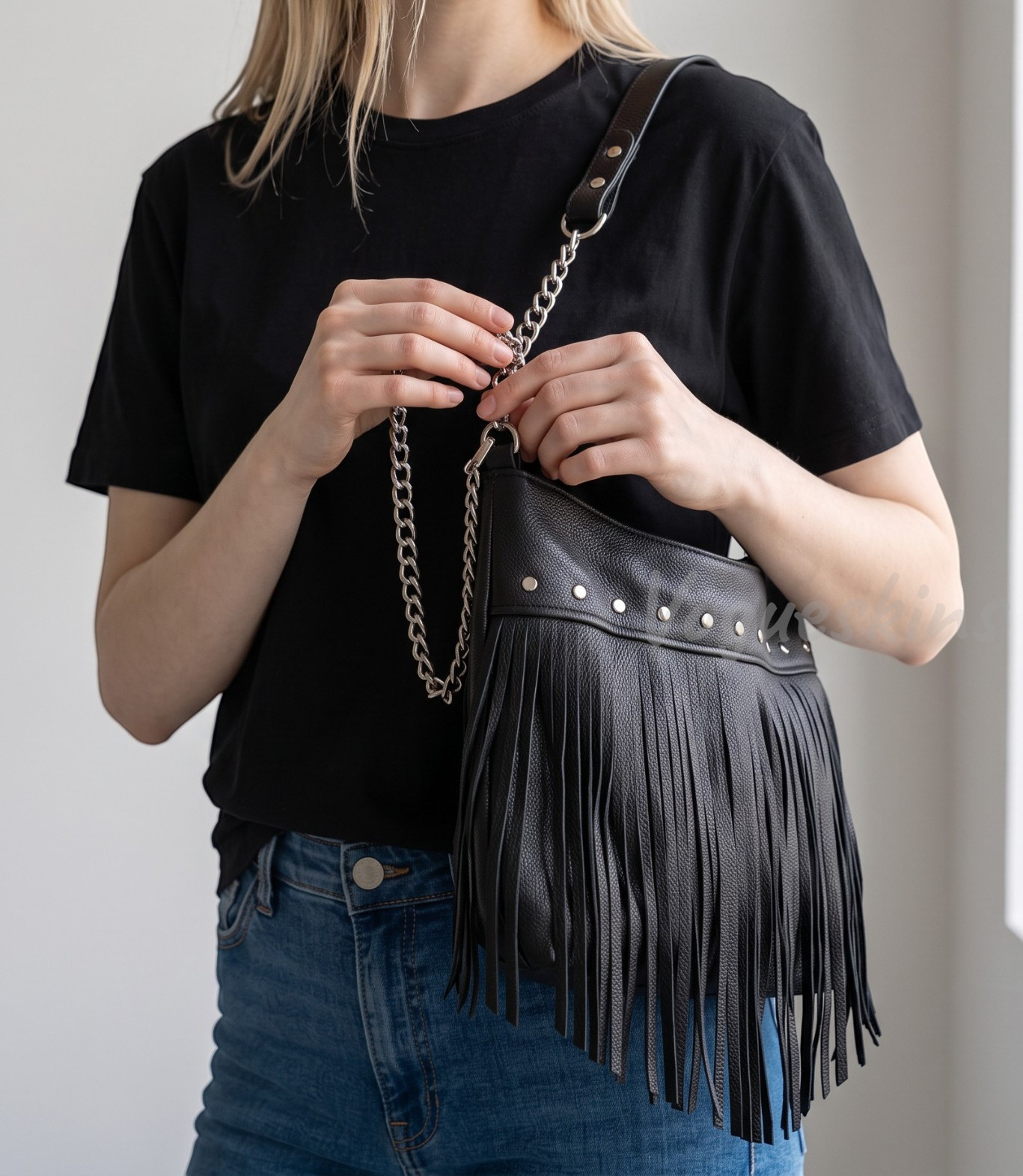 Black Leather Fringe Bag Studded Chain Strap Purse Boho Rocker Crossbody Bag