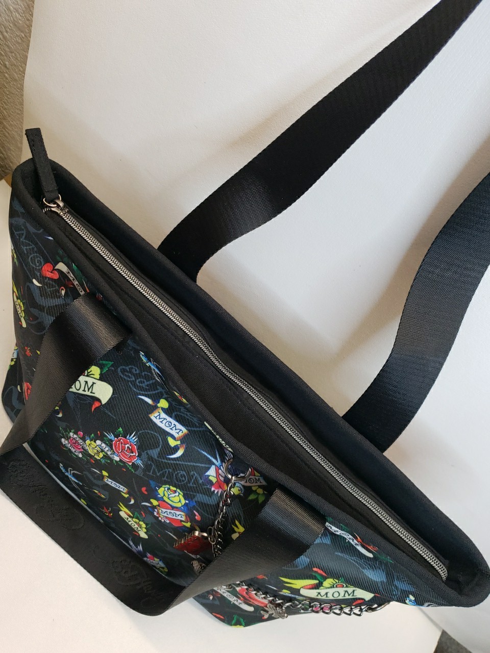 Ed Hardy Black Floral Tattoo “MOM” Print Large Tote Bag Charm Accents New!