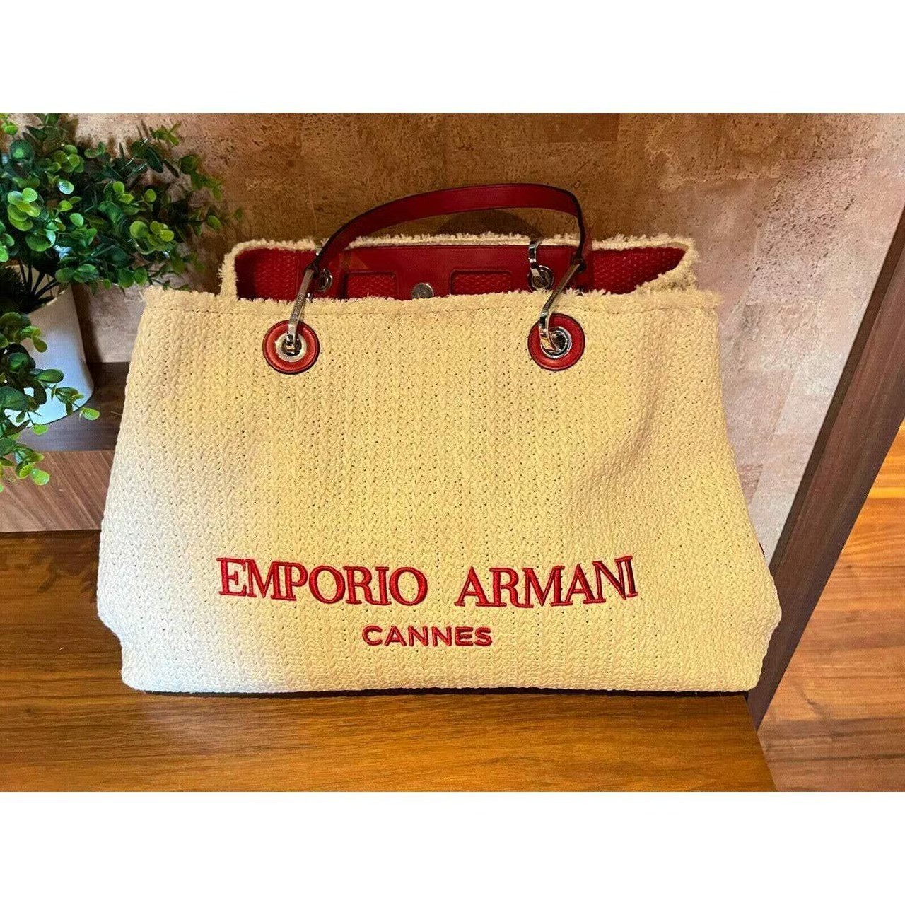 Cannes Emporio Armani MY EA Bag Shopper Tote Cabas Cream Burgundy NEW LTD RARE