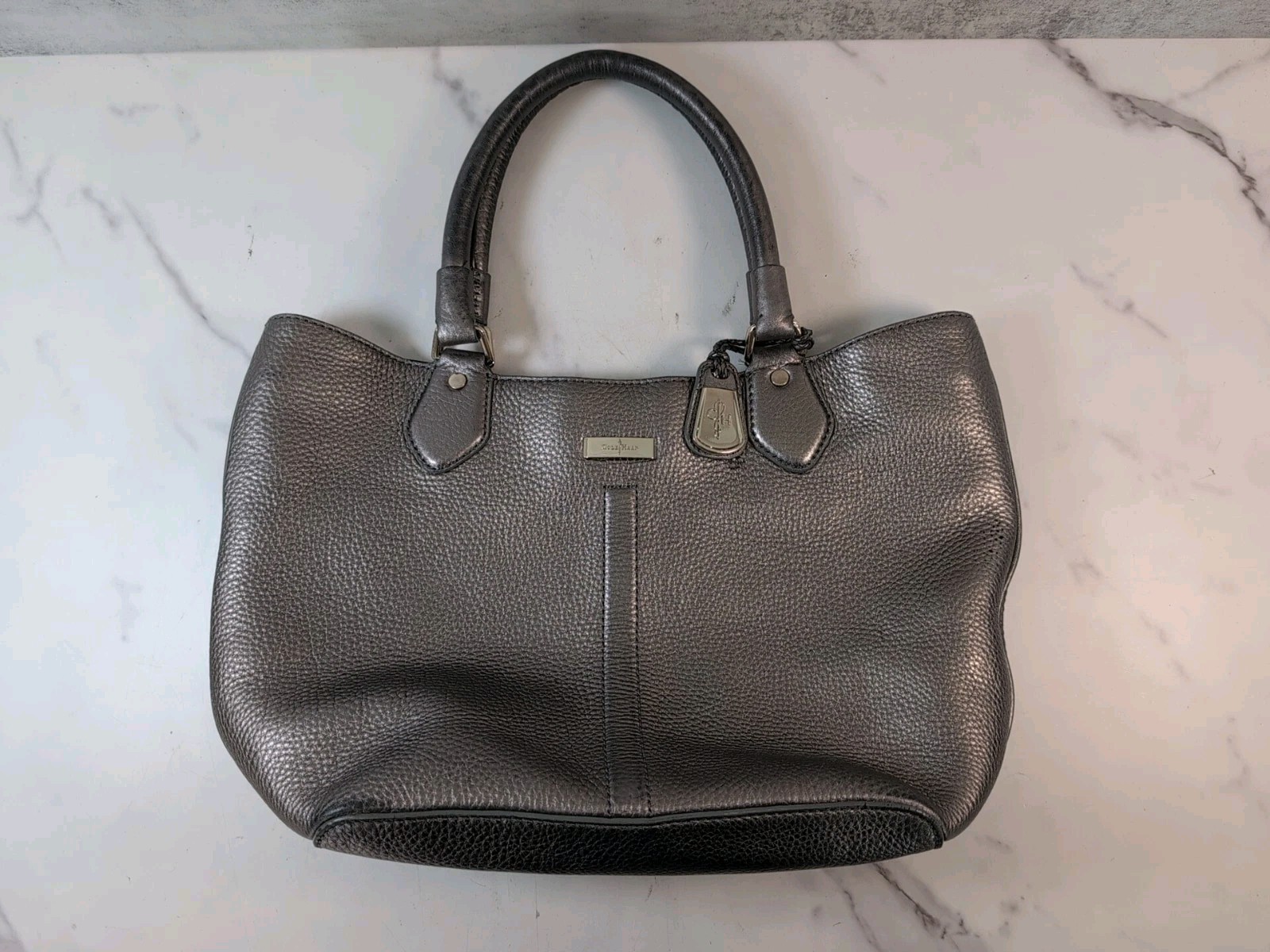Cole Haan Pebbled Metallic Pewter Leather Tote Handbag Shoulder Purse