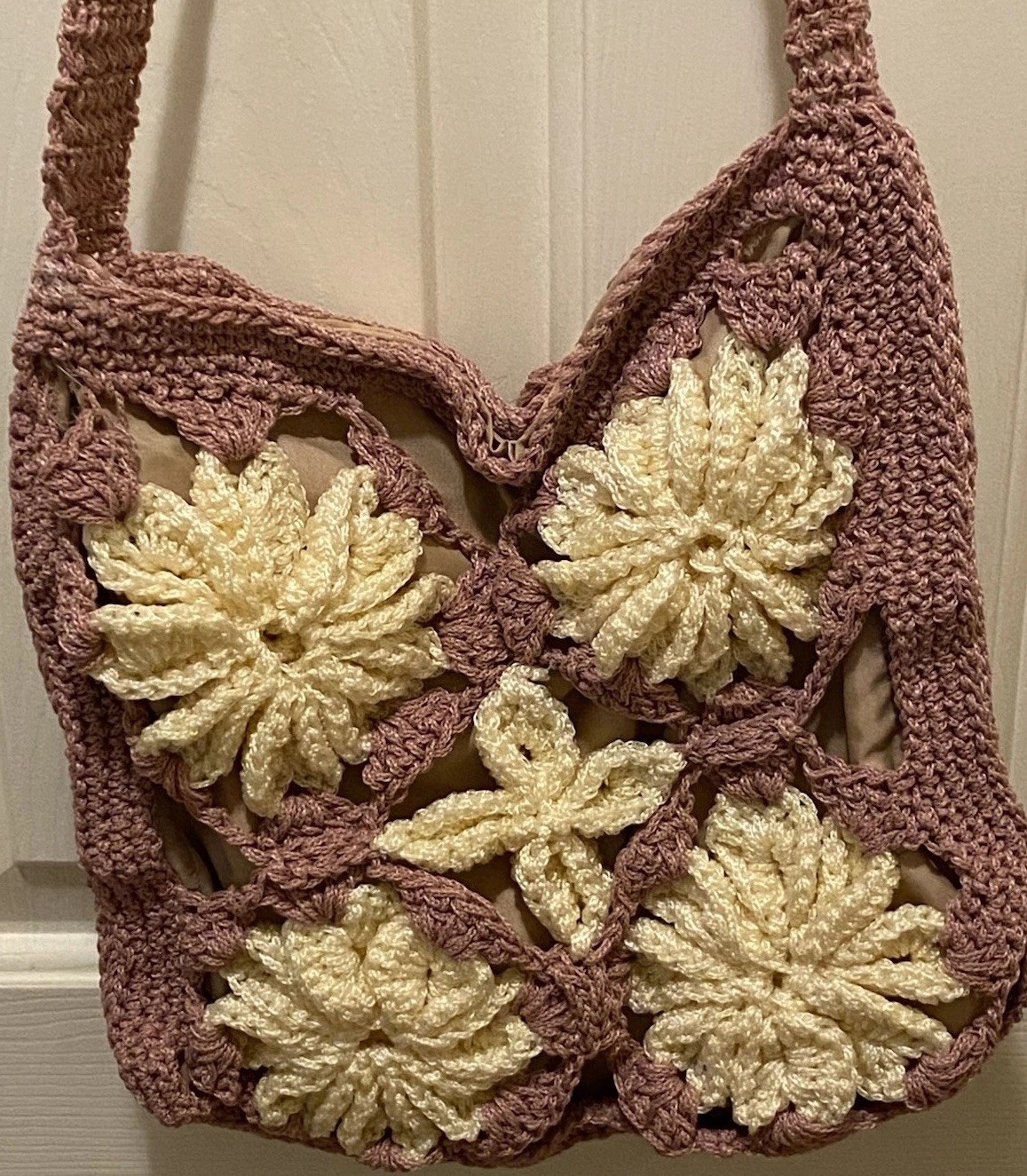 Handmade Crochet Daisy Tote Bag Boho Granny Square Crossbody Purse Lined Dusty