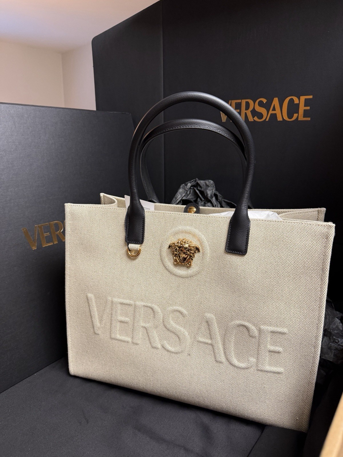 Versace Beige/Black Logo Medusa Tote Zip/Snap Gold Hardware Dust Bag