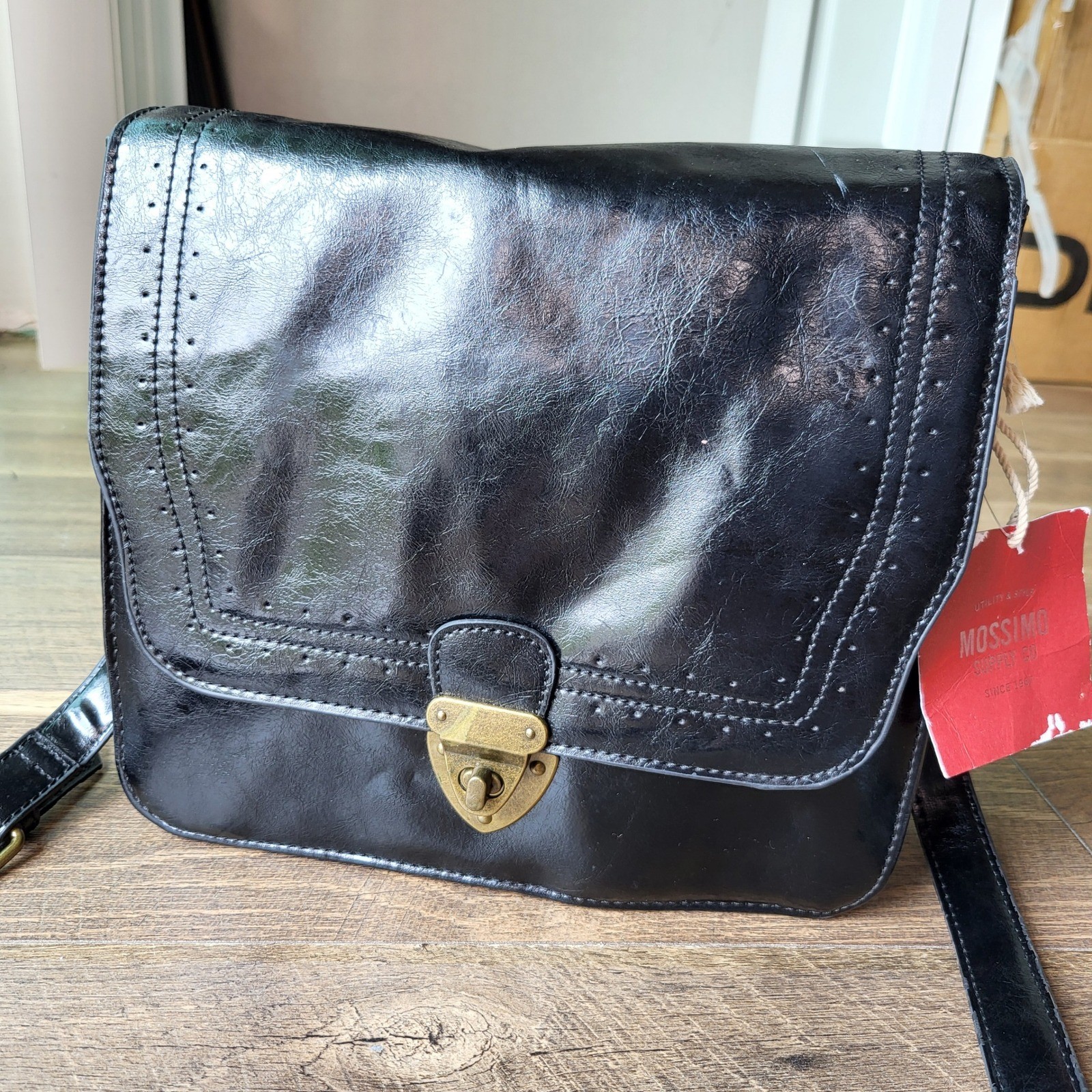 Mossimo Black Faux Leather Crossbody Satchel Bag Brogue Detail Vintage Style NWT