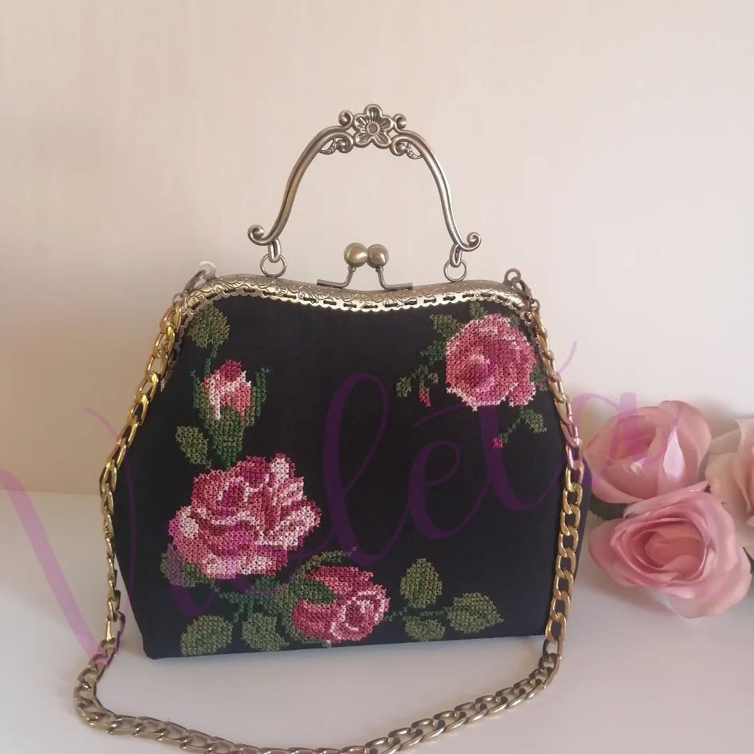 Handmade Embroidered Cross-Stitch Vintage Roses Design Handbag Set–Made to Order