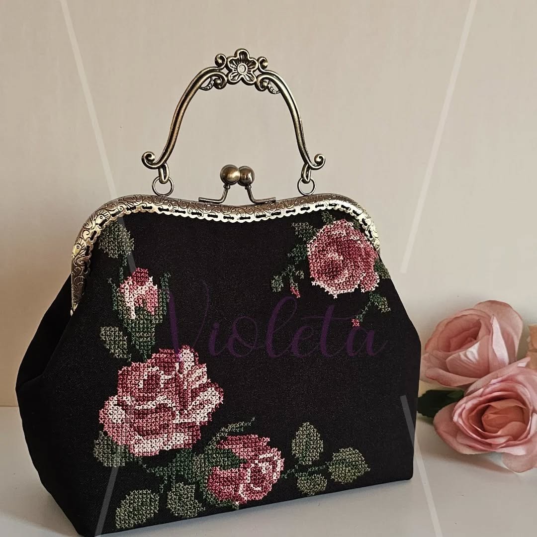 Handmade Embroidered Cross-Stitch Vintage Roses Design Handbag Set–Made to Order