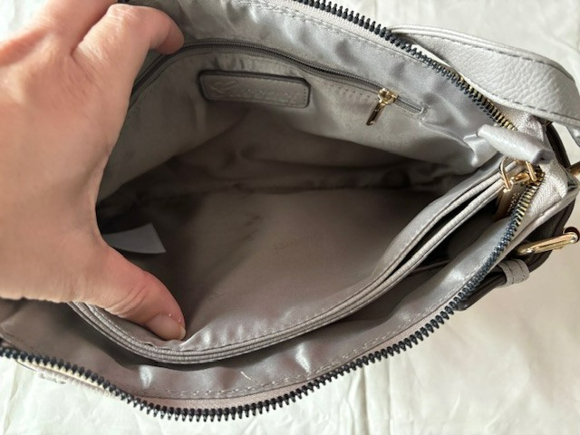 Gussaci Shoulder Bag Purse Grey Crossbody Handbag Faux Leather Lined AccentsGold
