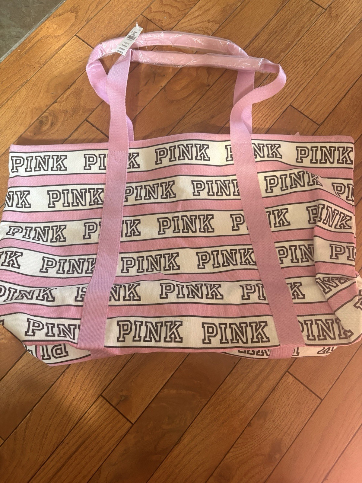 PINK Large Logo Tote Bag Pink & White Stripe, Double Handles, Open Top