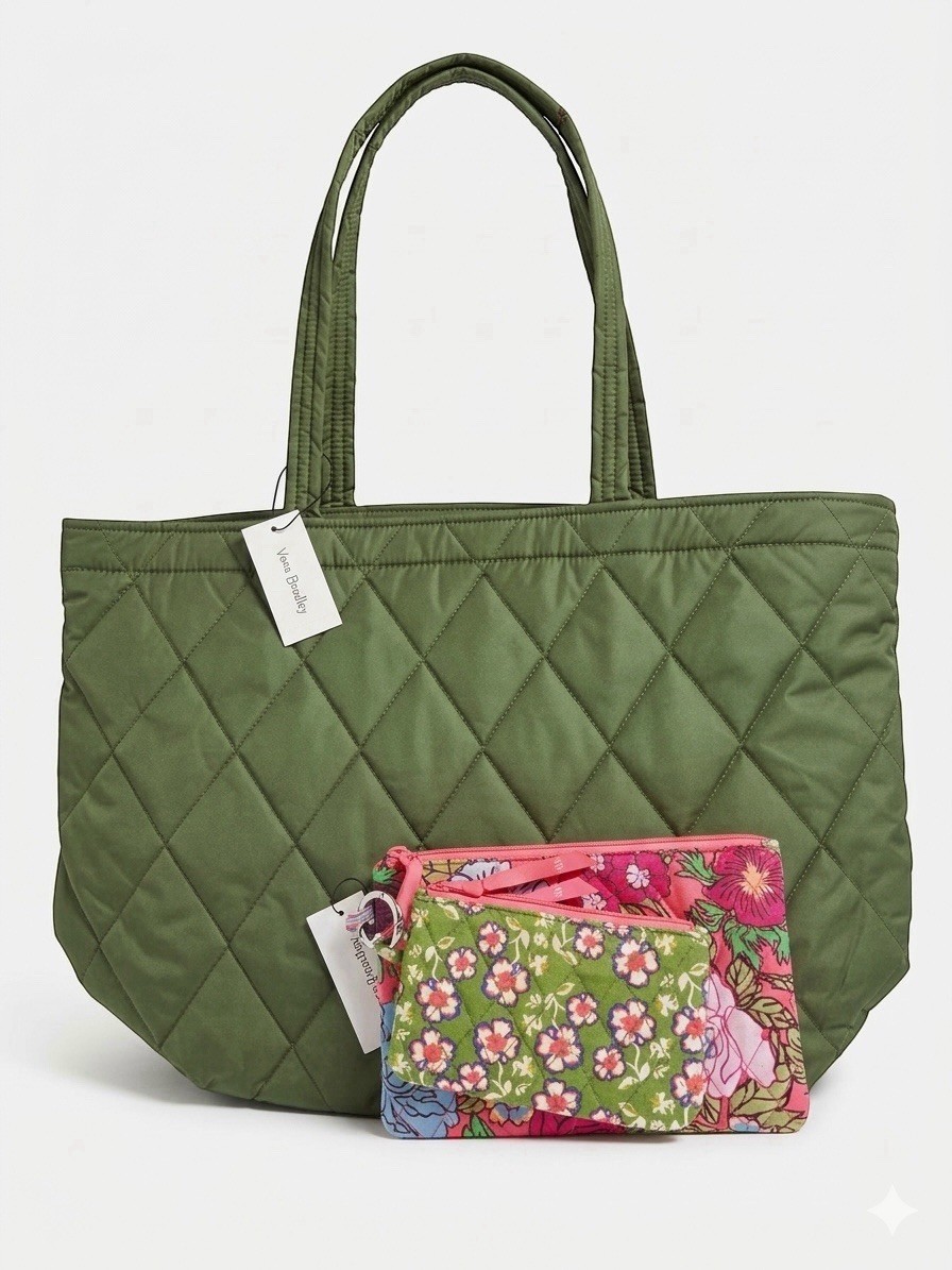 NWT Vera Bradley Ultralight Green Grand Tote Bag& Matching 2-Pouch Organizer Set