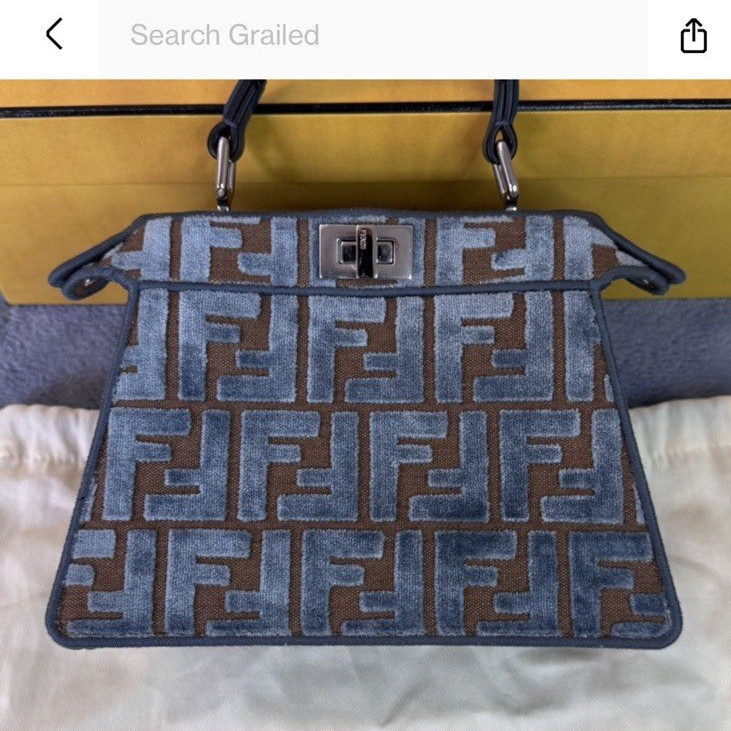 Fendi Peekaboo ISeeU Small Blue Brown FF Monogram Satchel w/ Strap Dust Bag