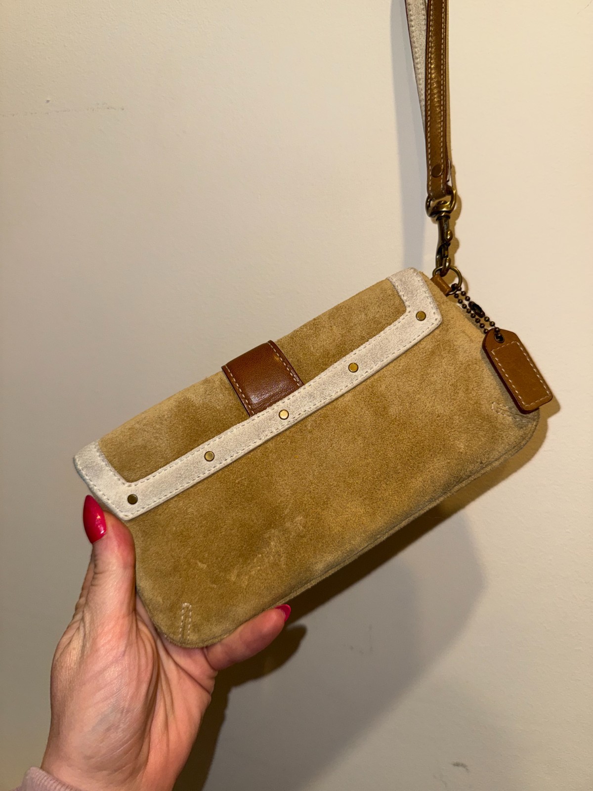 Coach Suede Leather Buckle Wristlet Clutch Tan Ivory Legacy Y2K EUC