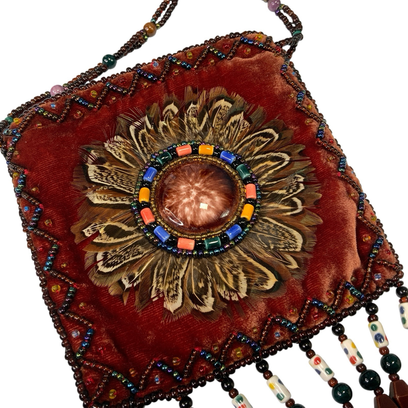 boho Crossbody Bag Velvet Silk Beaded Feather Flower Trim Small 4.5in x 4.5in