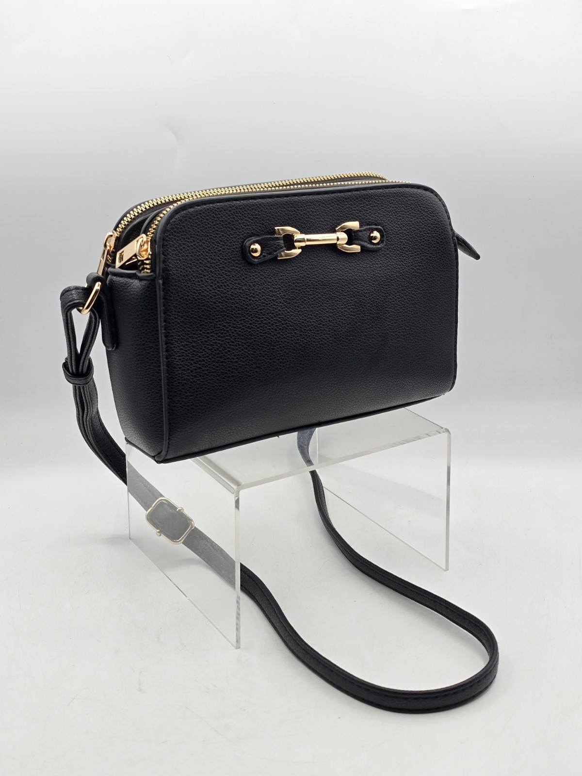 NEW Black Faux Leather Small Crossbody Bag W/Gold Tone Metal Deco