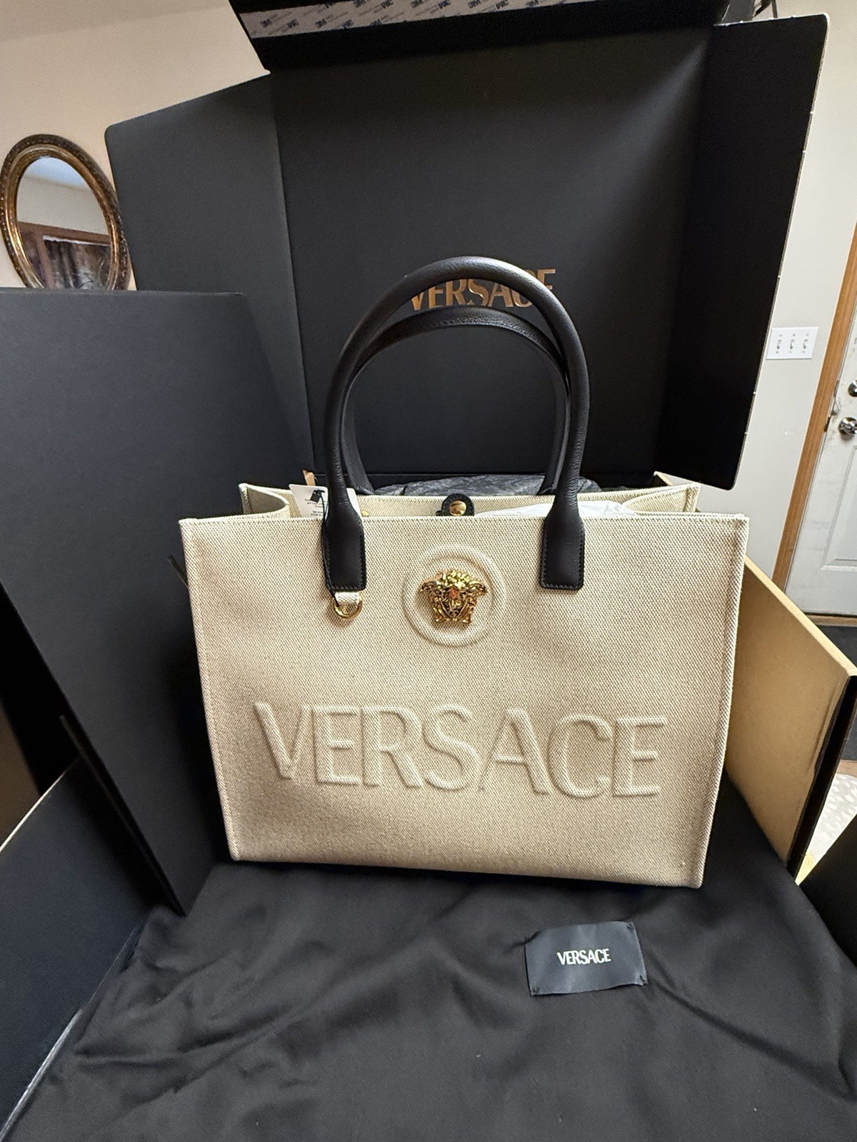 Versace Beige/Black Logo Medusa Tote Zip/Snap Gold Hardware Dust Bag