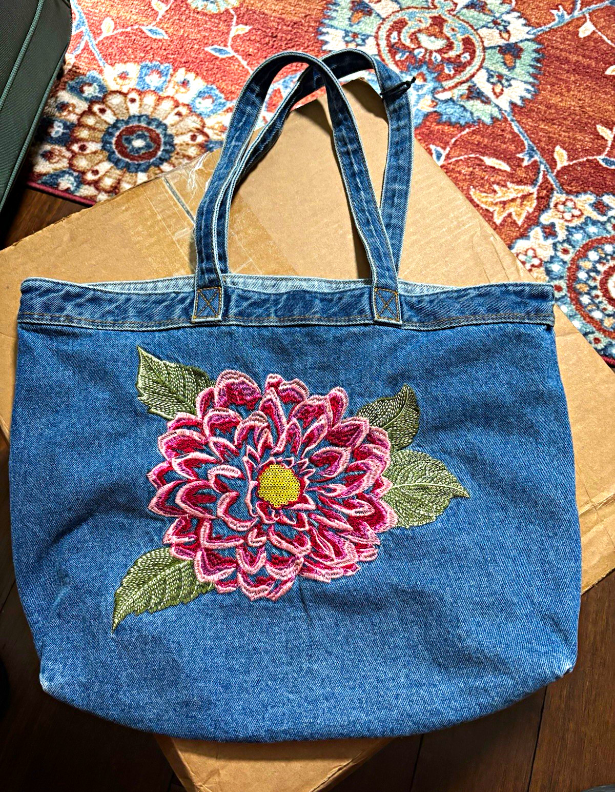 DG2 Blue Floral Embroidered Sequin Tote Bag Snap Closure Inner Pockets