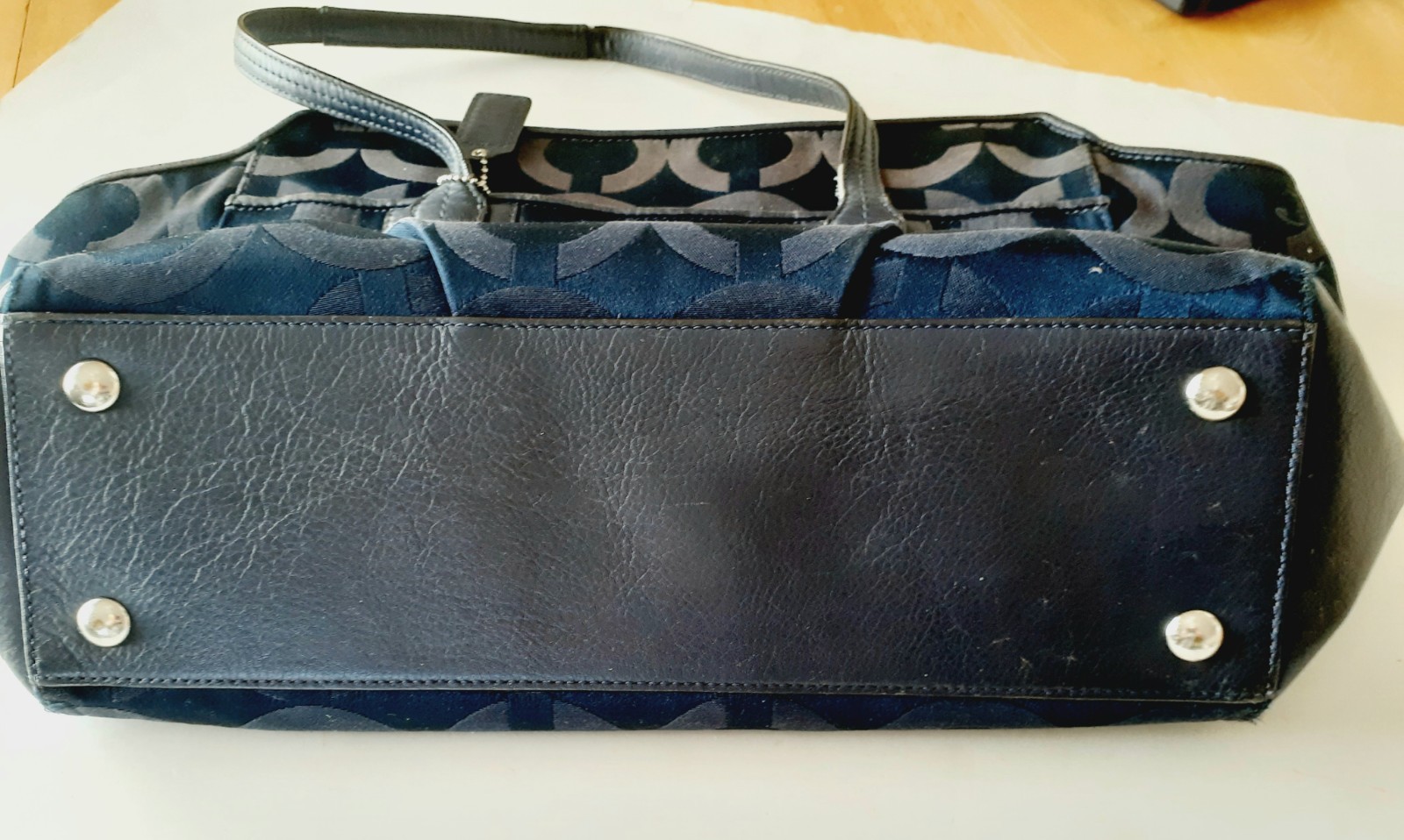 Coach Taylor Alexis Signature Blue Navy Leather Satin Trim Zip Tote Bag F25501
