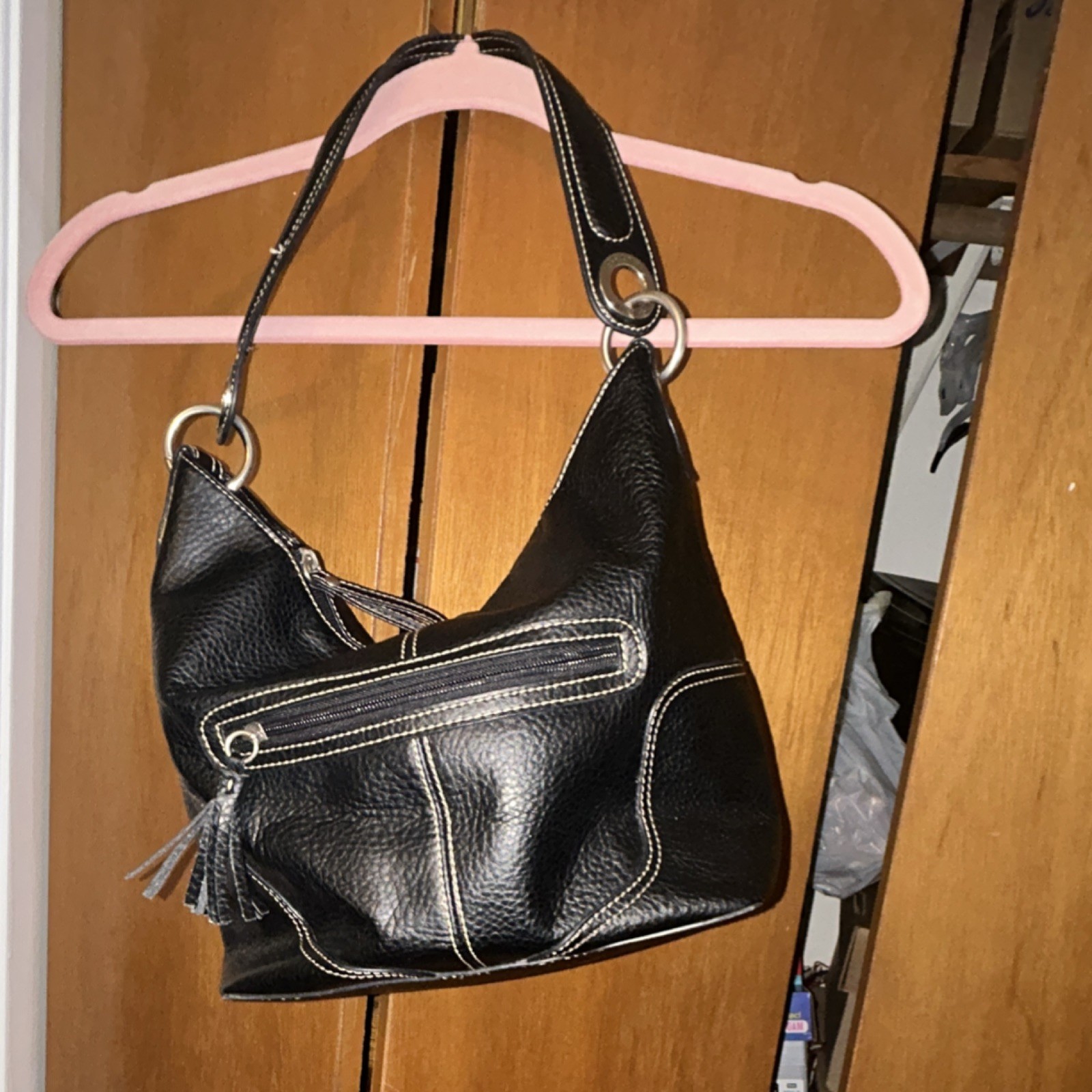 Tommy Hilfiger Black Pebbled Hobo Bag for Women Silver Hardware Stitching Tassel