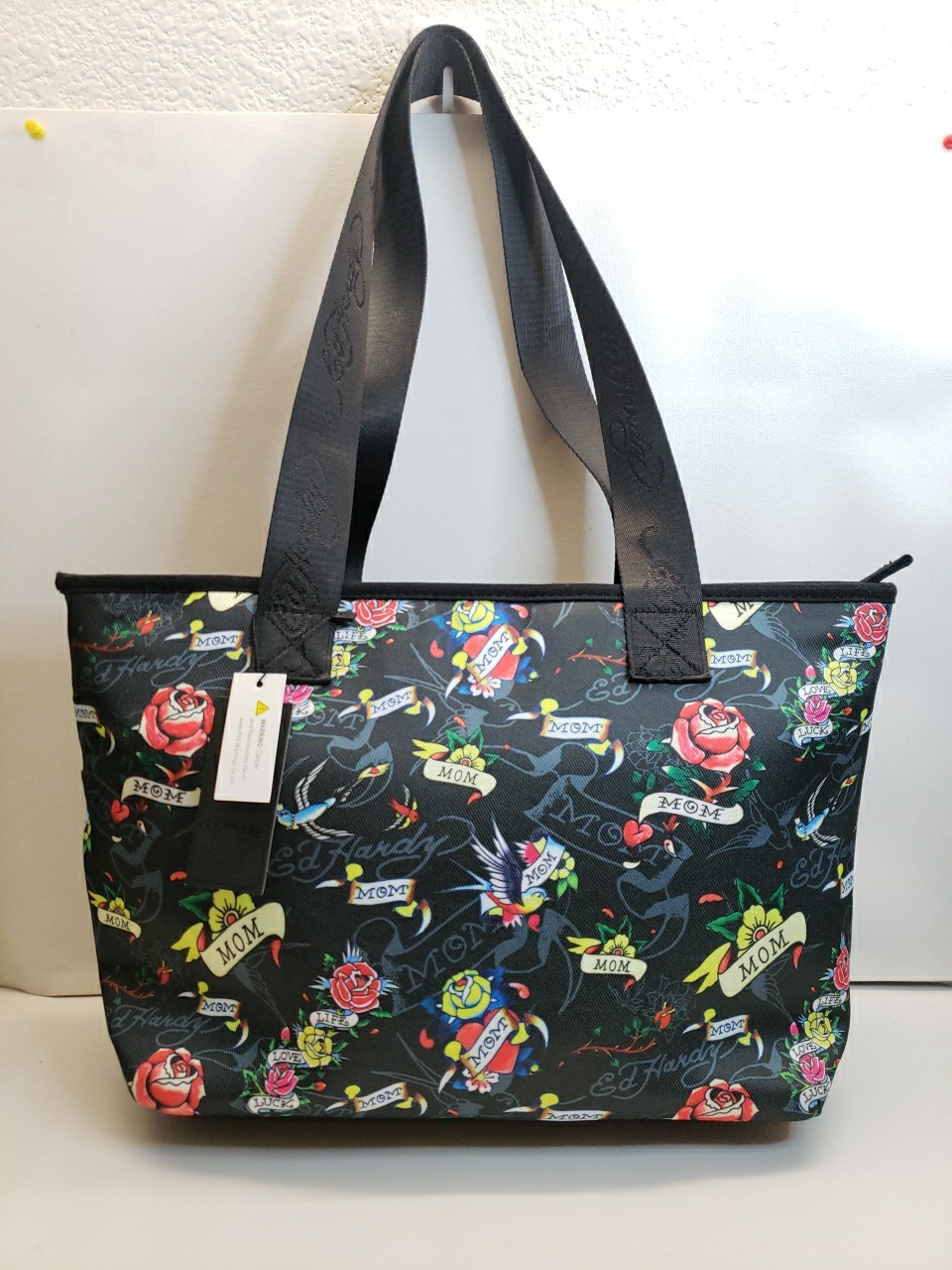 Ed Hardy Black Floral Tattoo “MOM” Print Large Tote Bag Charm Accents New!