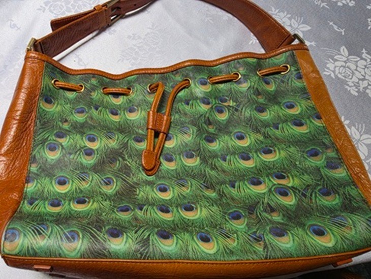 Peacock Feather Purse Shoulder Handbag Green, Blue, Light Brown 10×12