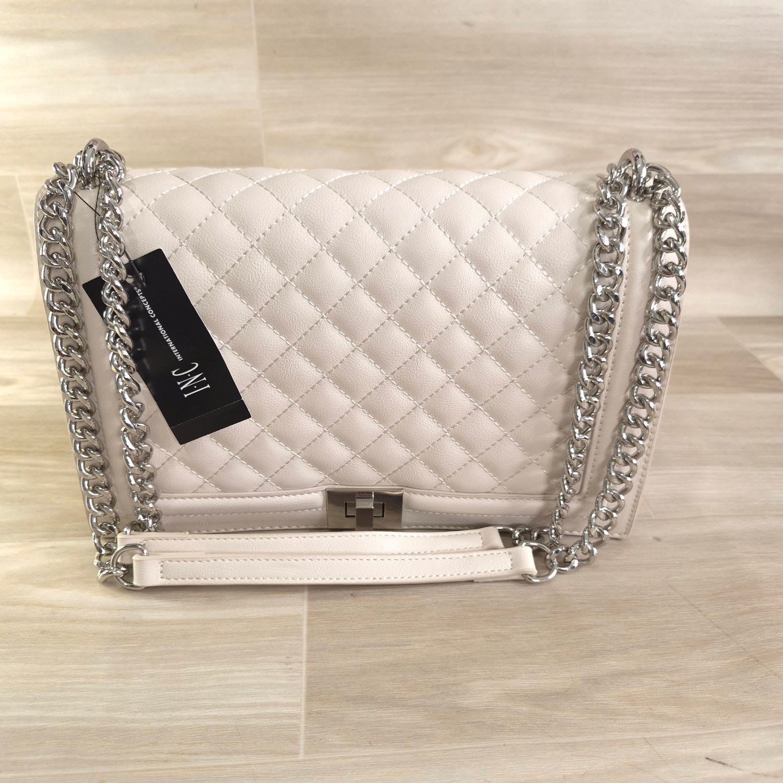 INC International Concepts Ajae Quilted Shoulder Bag Bone Silver Chain Crossbody