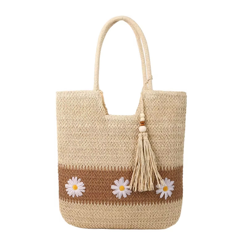 Women Daisy Woven Tote Bag Tassel Shoulder Purse Large Crochet Beach Summer Hand