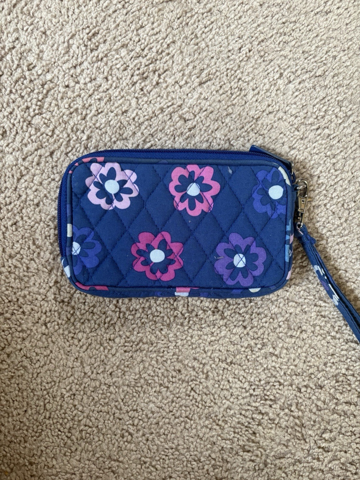 Quilted Floral Zipper Fabric Makeup Bag Wrist Strap, Blue Purple Pink White
