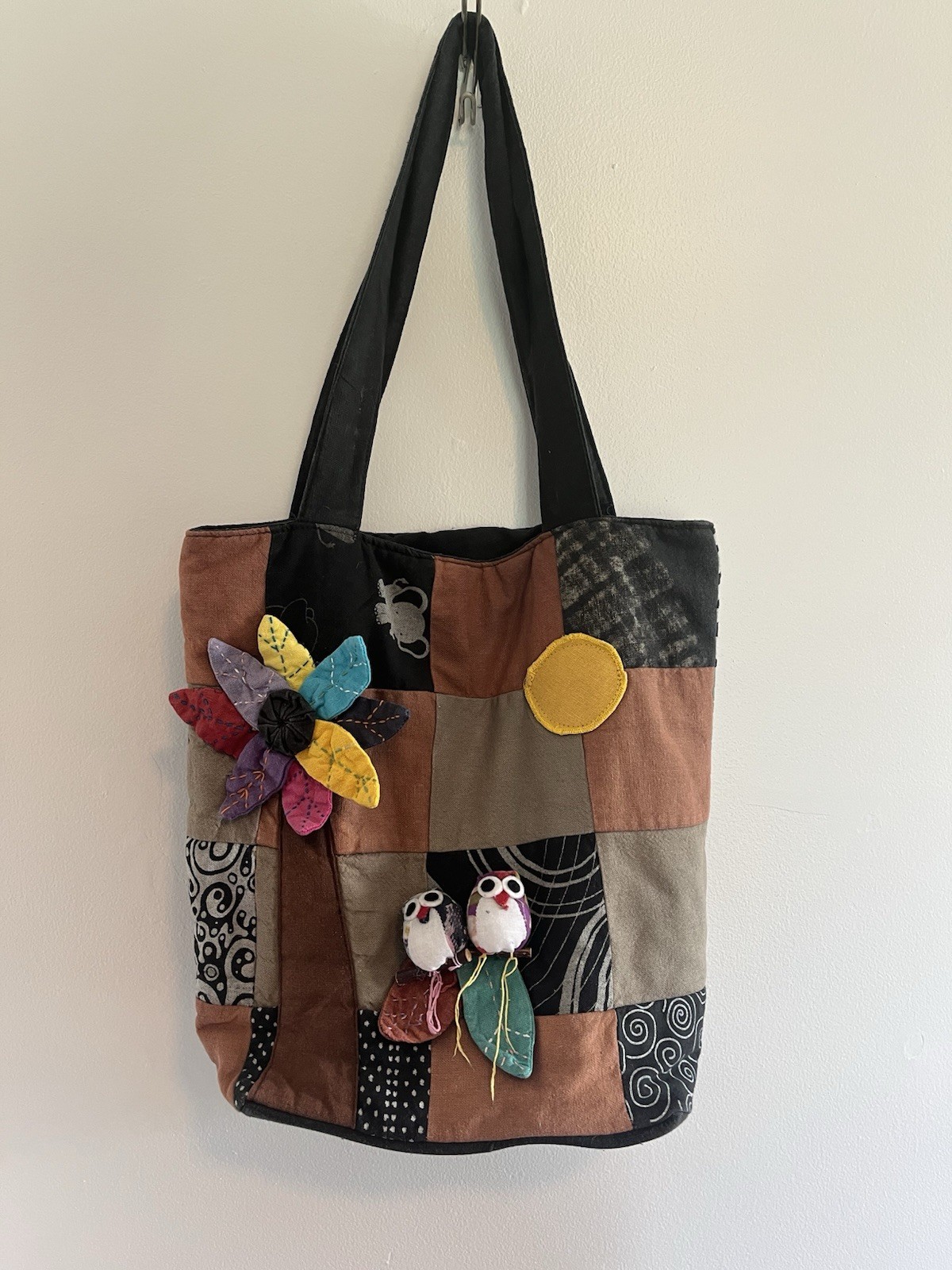 BoHo, goth quilted purse with owls, flowers, and moon stitched on front, Leikor