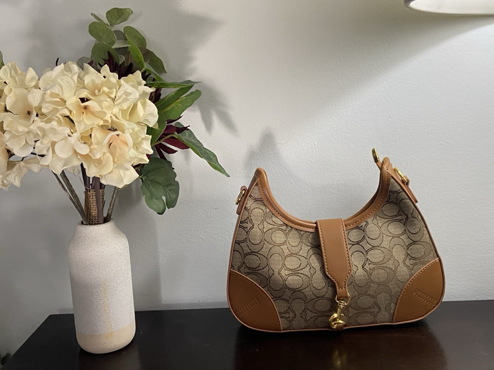 Coach Brown Tan Signature Monogram Crescent Shoulder Bag Gold Hardware Strap