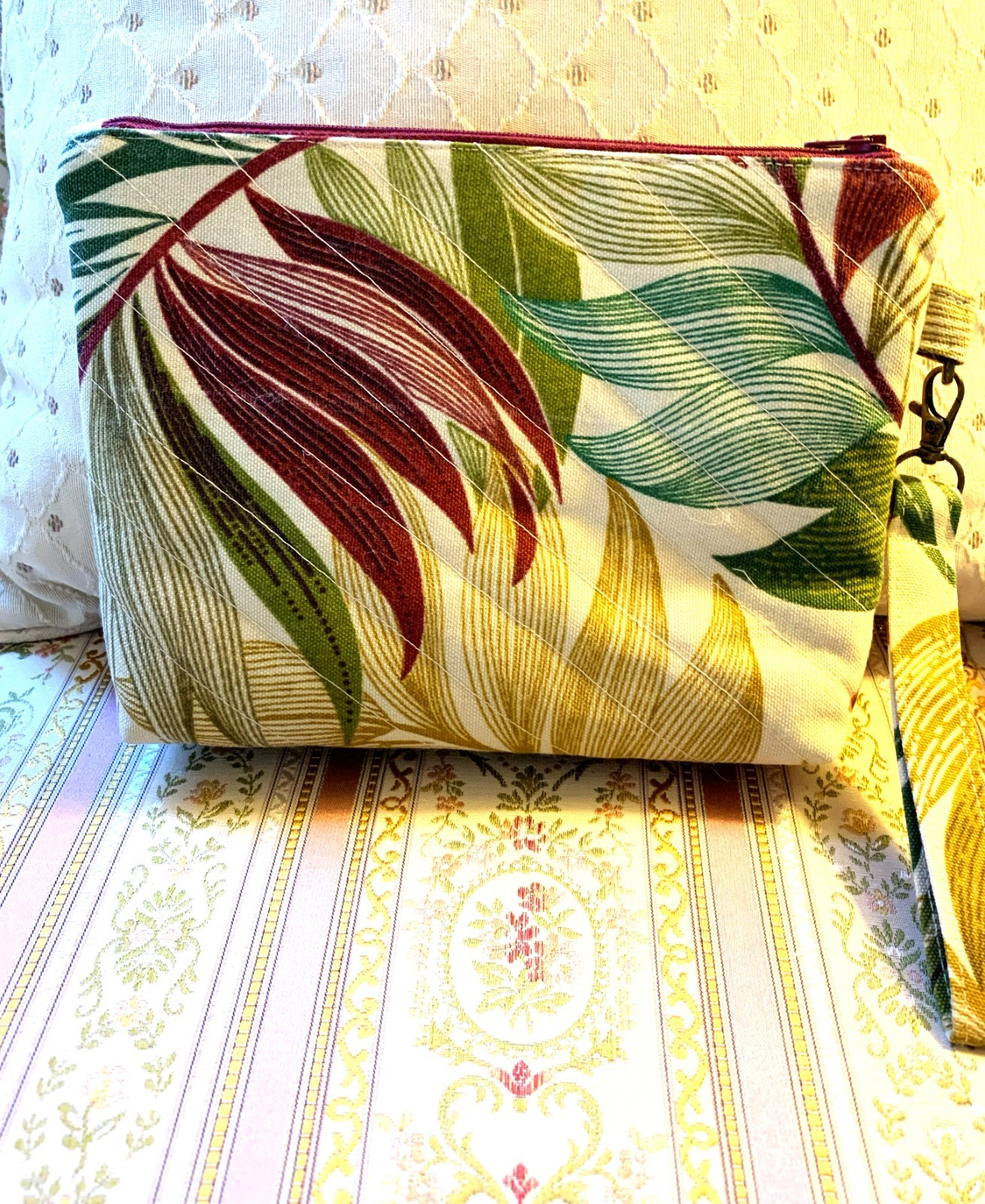 Handmade Quilted Upholstery Fabric Wristlet Zip Pouch w/ Beaded Zipper Pull