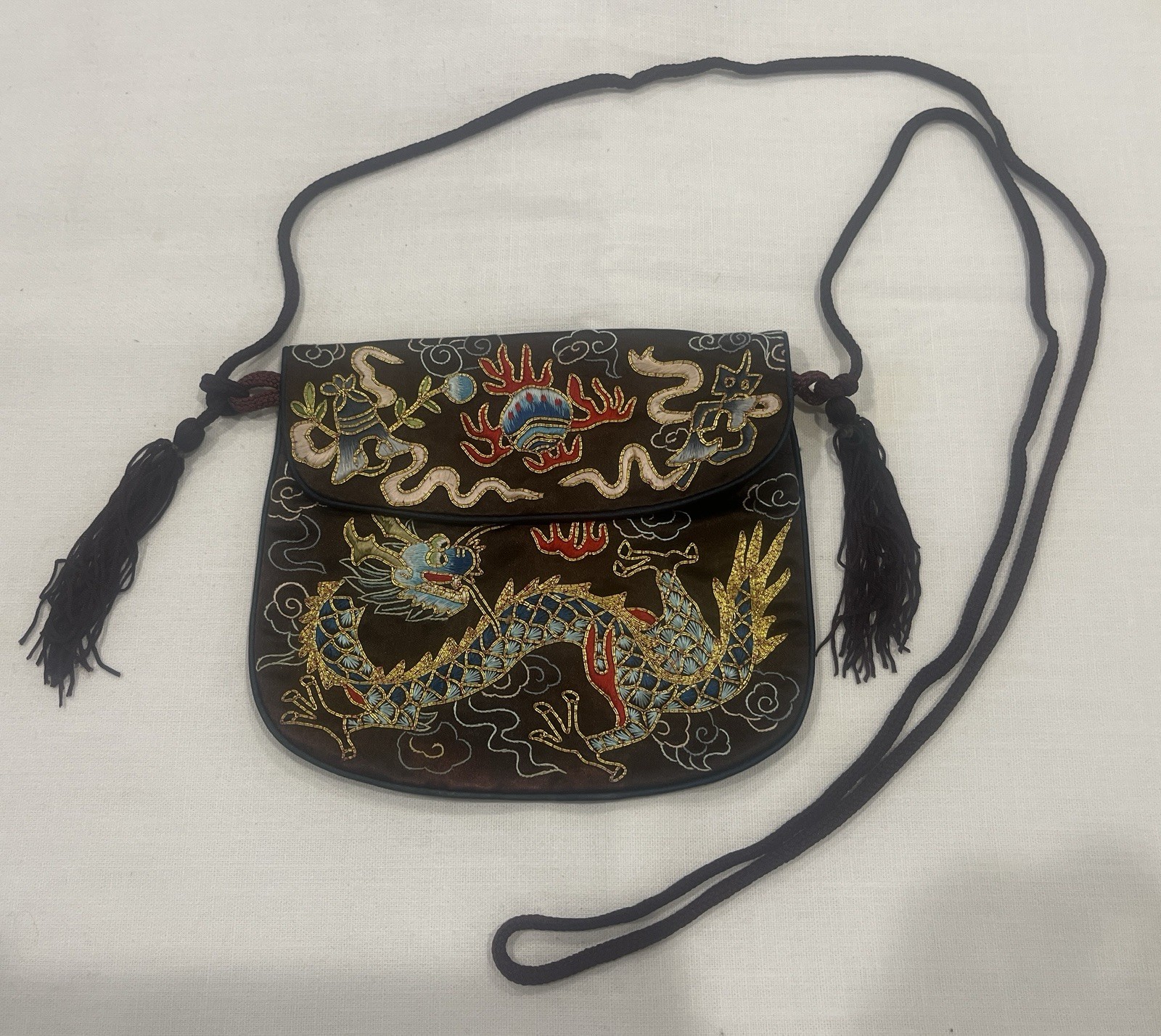 Vintage Chinese Asian Style Brown Silk Dragon Embroidered Mini Crossbody Purse