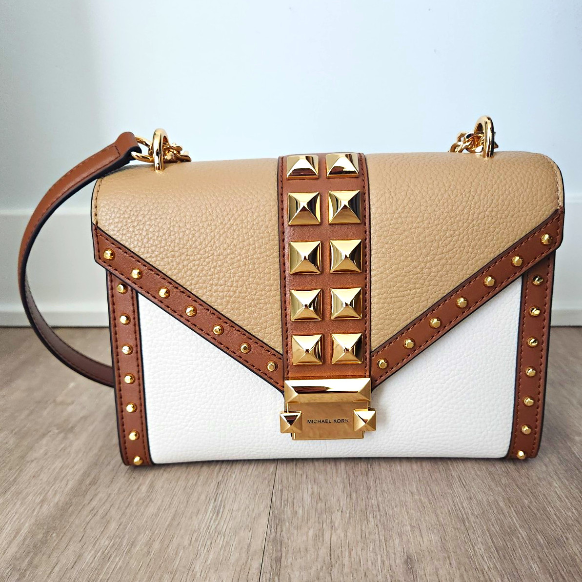 Michael Kors Studded Colorblock Small Shoulder Bag Chain Strap Snap Beige