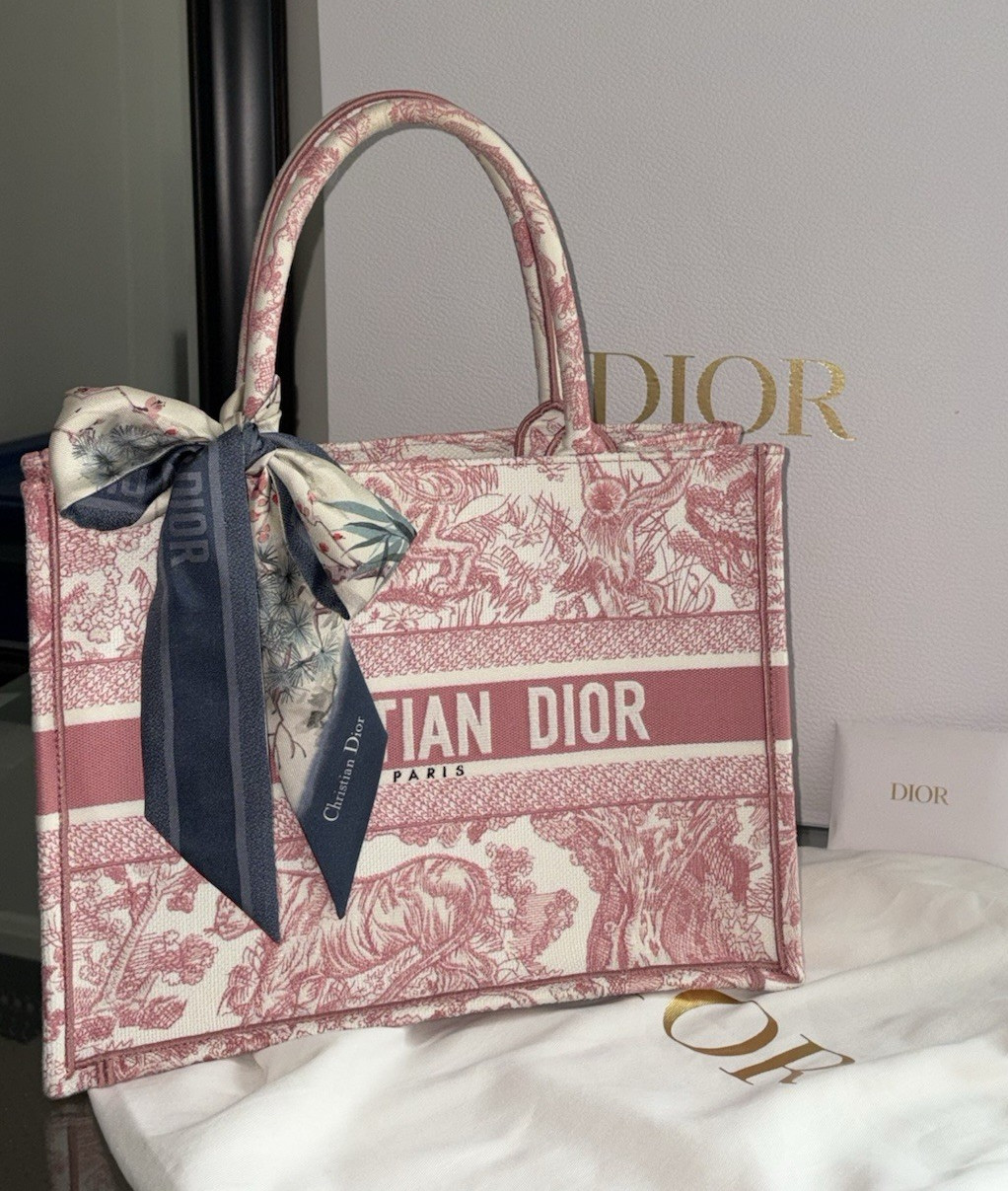 Dior Women’s Tote Bag Pink/White Toile Print Top Handle w/ Dust Bag