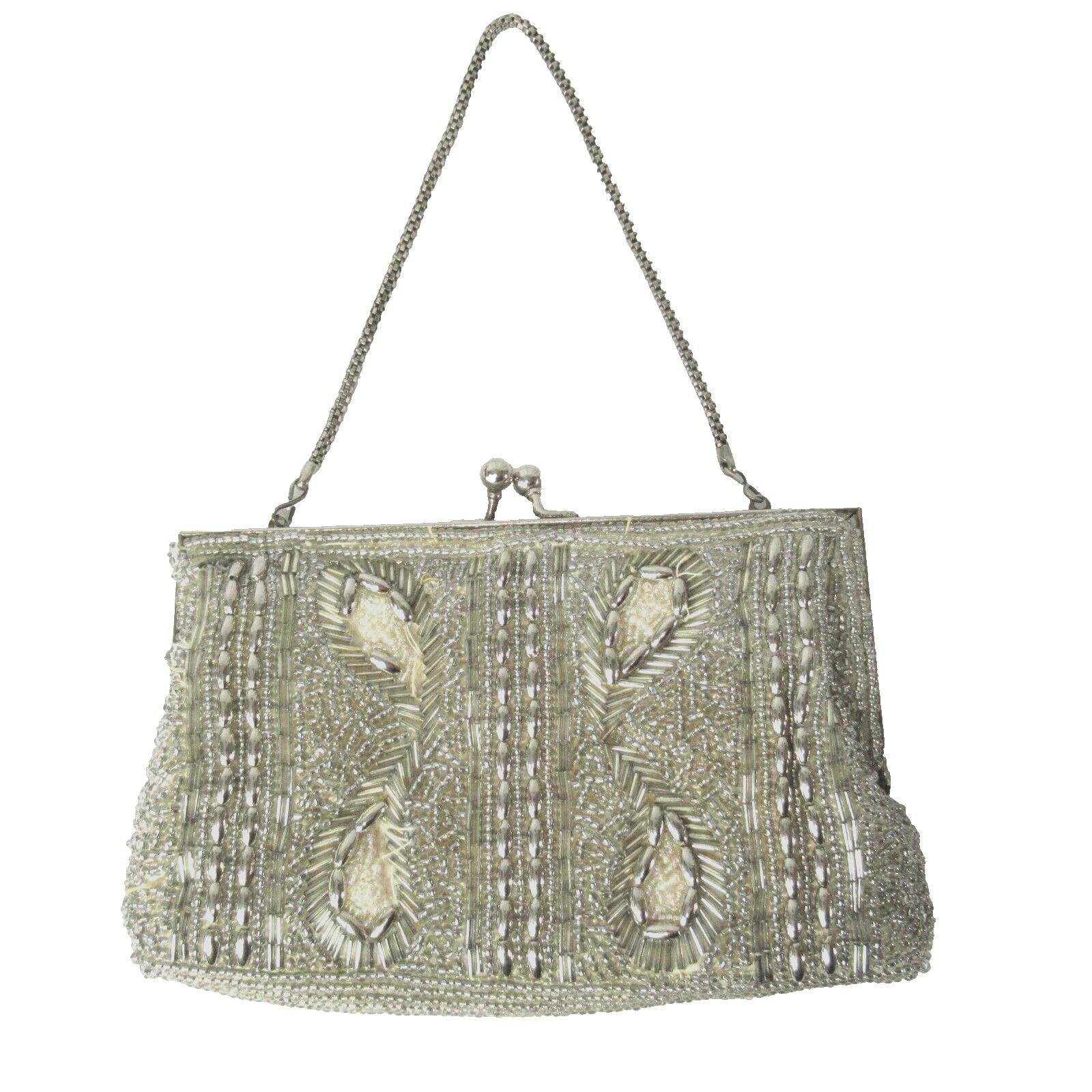 Beaded Silver Evening Bag Handbag Purse Clasp Chain Strap Vintage 4×7 In DAMAGED