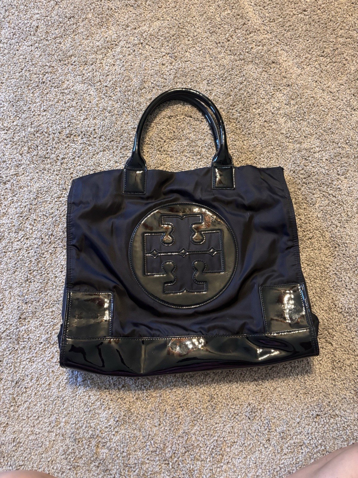 Tory Burch Black Nylon Ella Tote with Patent Trim and Logo Medallion