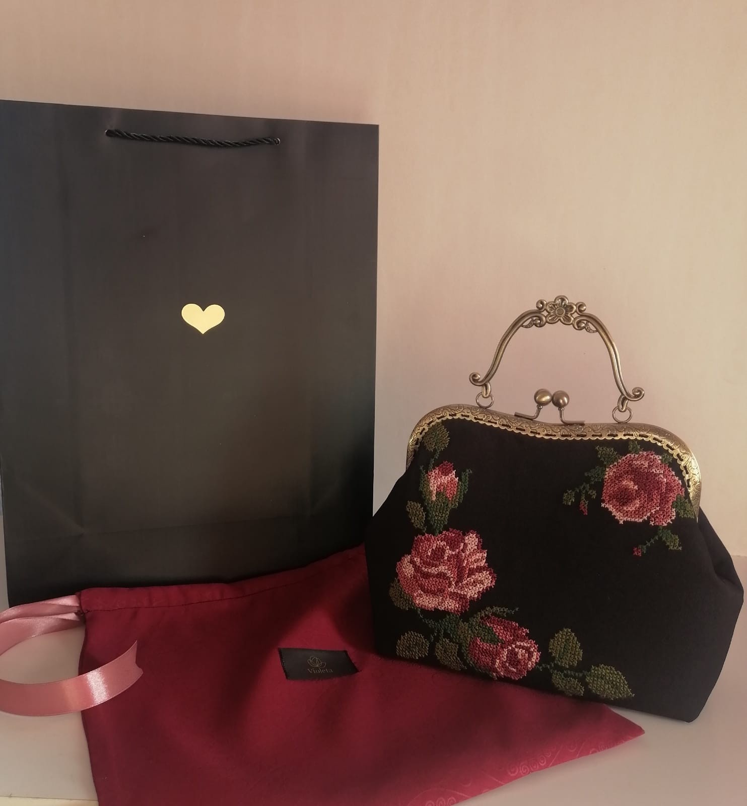 Handmade Embroidered Cross-Stitch Vintage Roses Design Handbag Set–Made to Order